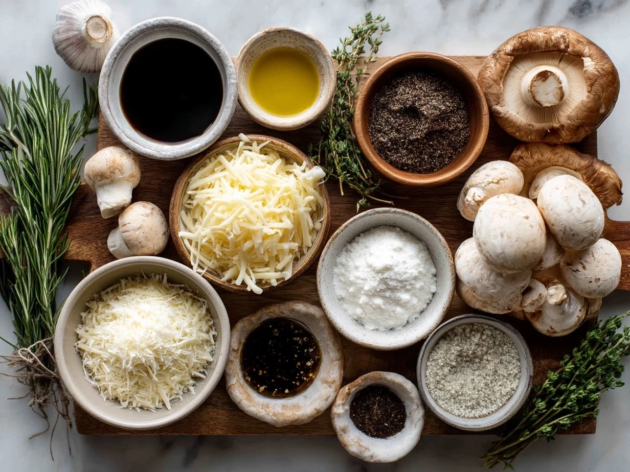 Ingredients for Mini Mushroom Swiss Sliders arranged neatly on marble surface.