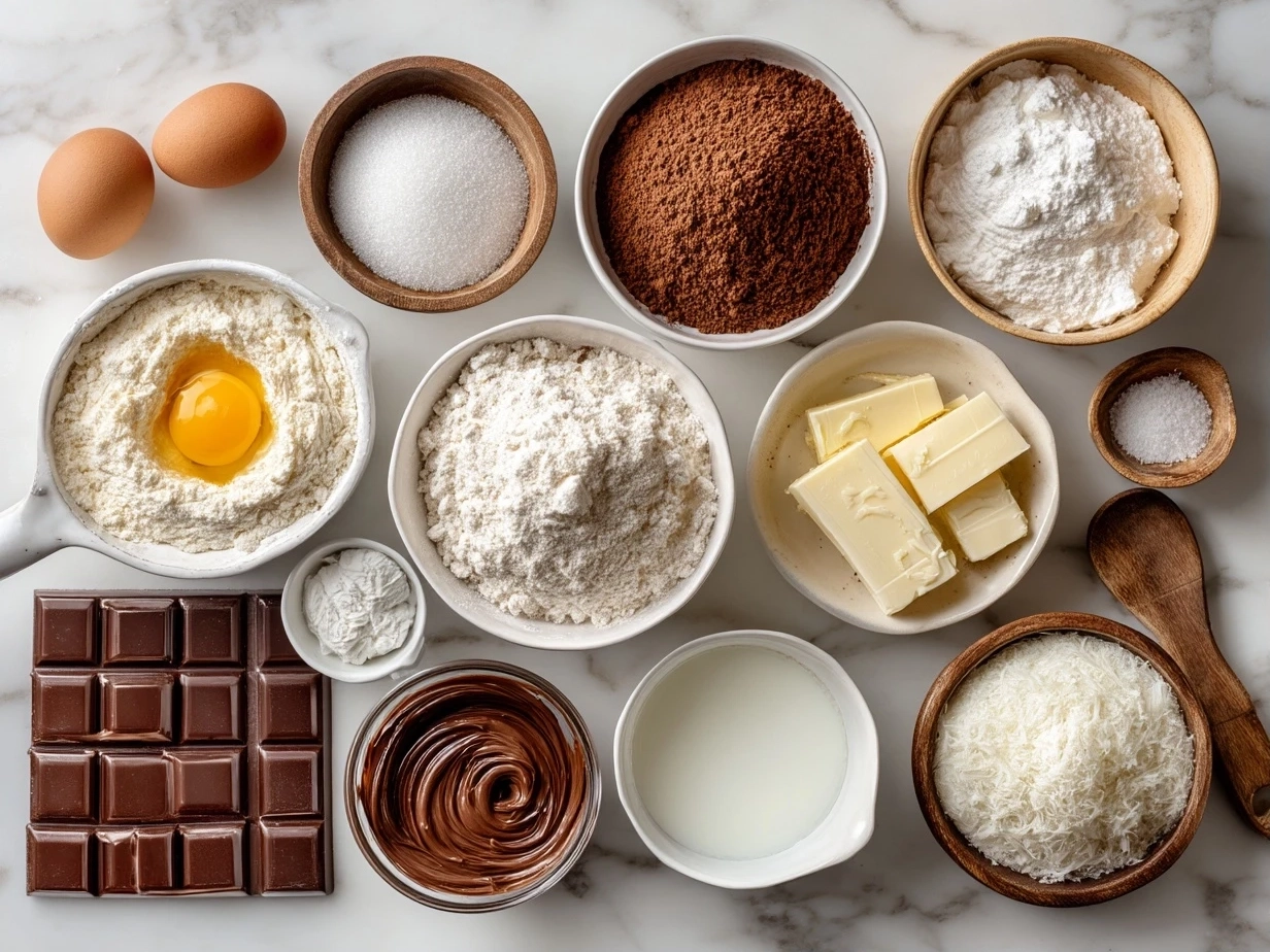 Raw ingredients for Nutella crescent rolls on a marble surface