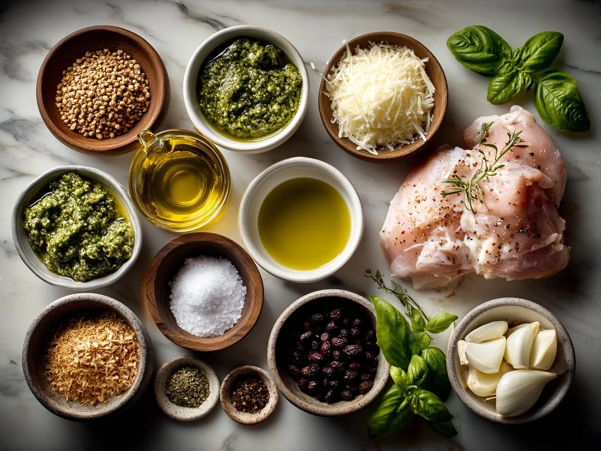 Raw ingredients for pesto stuffed chicken displayed neatly on a wooden table, including chicken breasts, pesto, cream cheese, and shredded cheese.