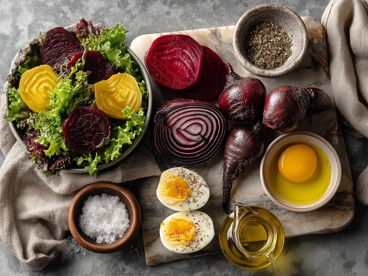 Top down view of raw ingredients for Roasted Beet Goat Cheese including beets, goat cheese, olive oil, balsamic vinegar, and fresh herbs