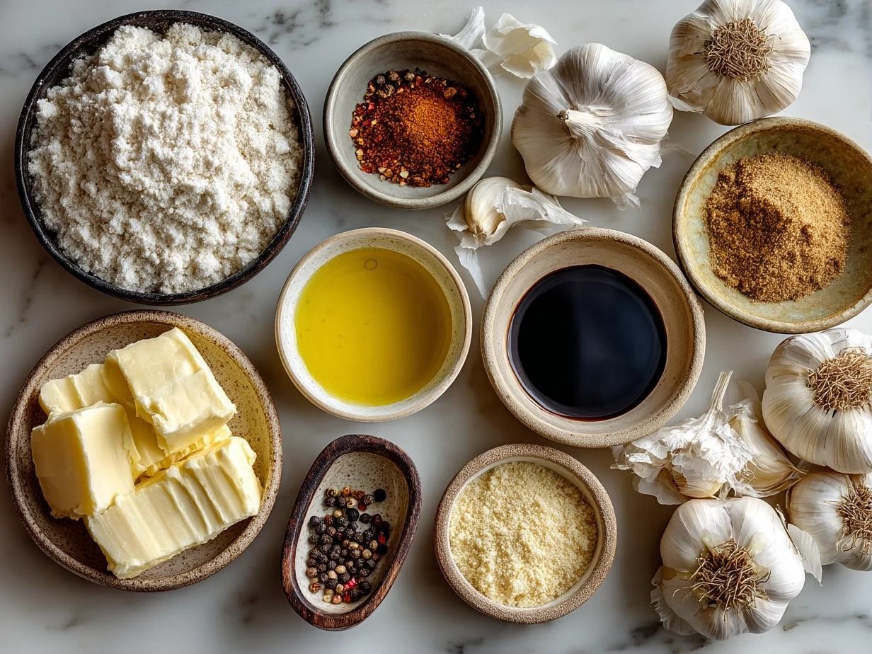 Raw ingredients for roasted garlic mashed potatoes including potatoes, garlic, milk, butter, and sour cream on a marble surface