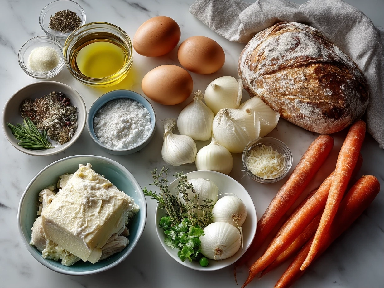 Ingredients laid out for Slow Cooker Chicken Pot Pie including chicken, vegetables, and dairy