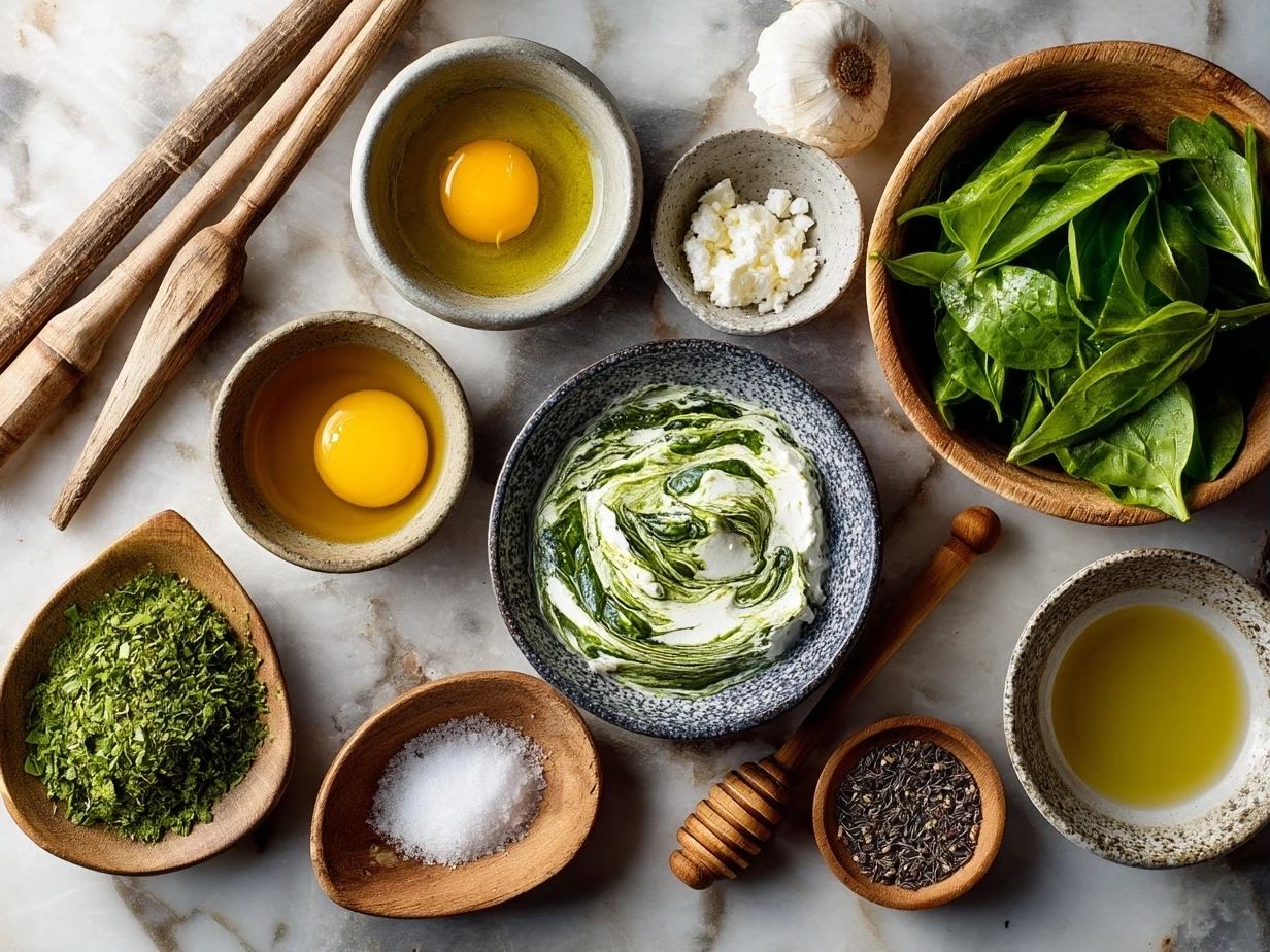 Top-down view of raw ingredients for spinach dip on marble surface