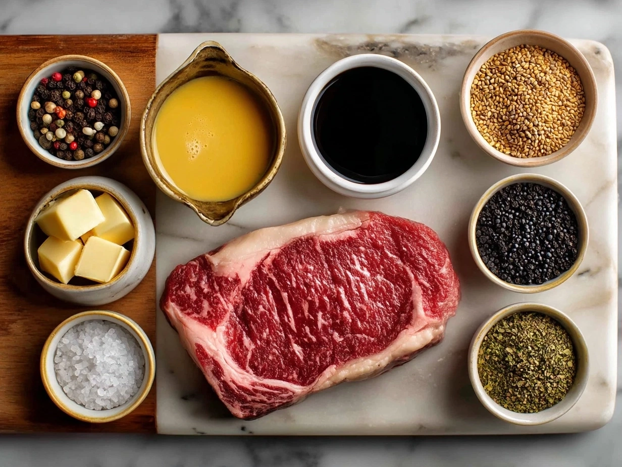 Top down view of raw ingredients for steak with peppercorn sauce including ribeye steaks, peppercorns, butter, shallot, cream, and beef broth