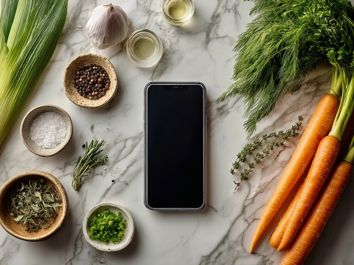 Top down raw ingredients for vegetable soup on marble surface