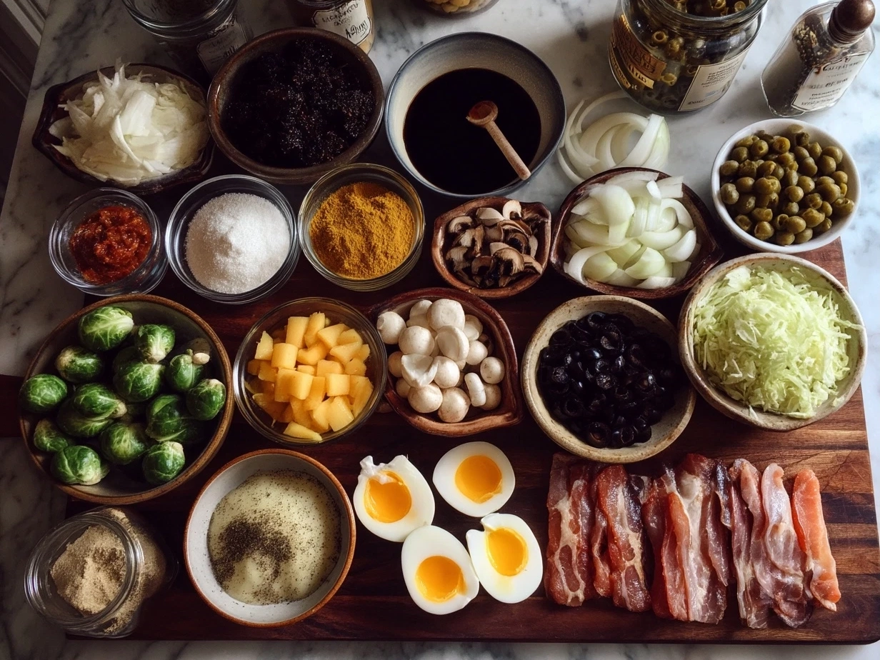 Top down view of raw ingredients for Veggie Sheet Pan Hash arranged on marble surface