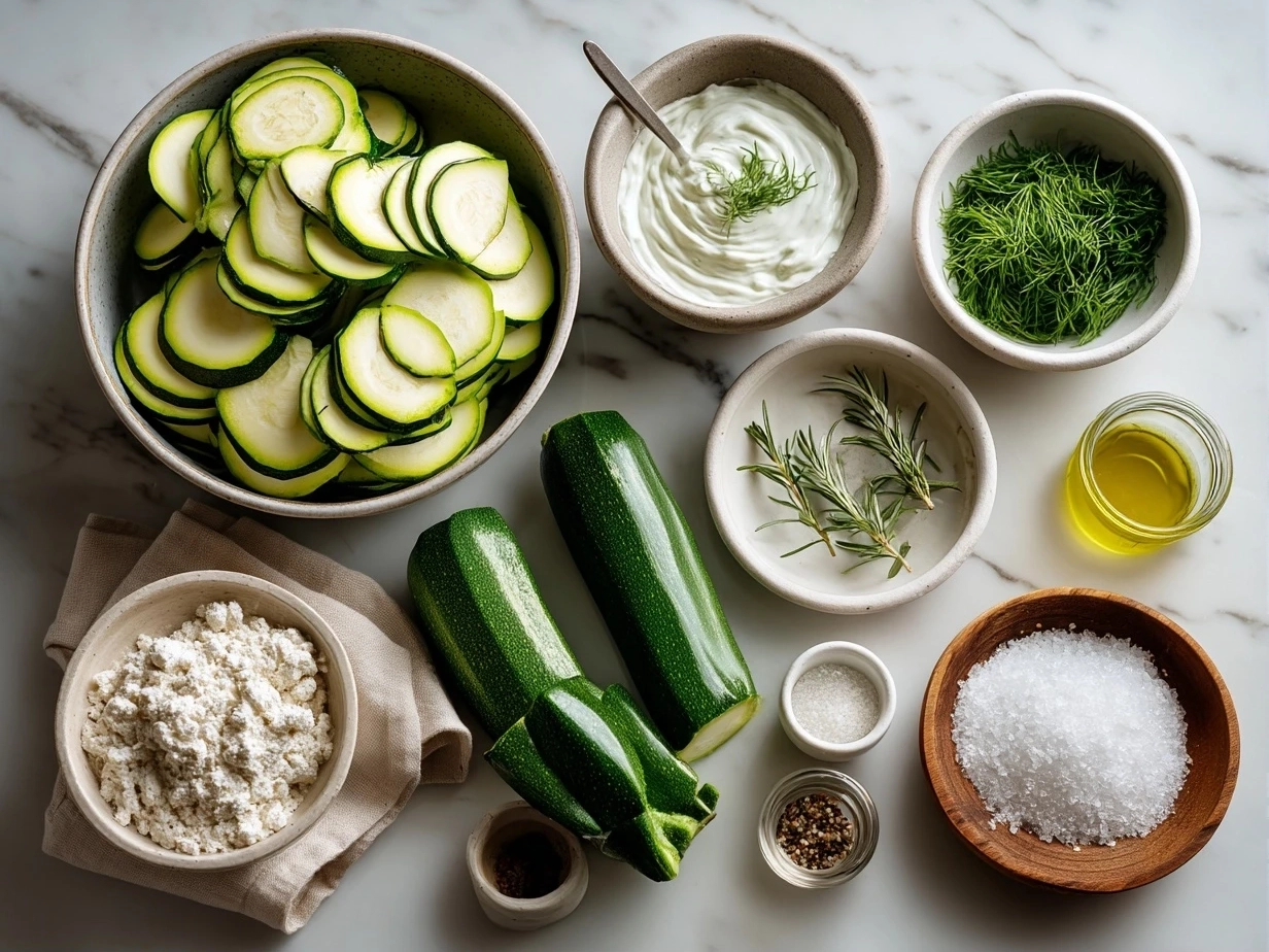 Top down view of raw ingredients for Zucchini Fritter Stack with Yogurt Sauce, including grated zucchini, eggs, flour, Parmesan cheese, garlic, and herbs.