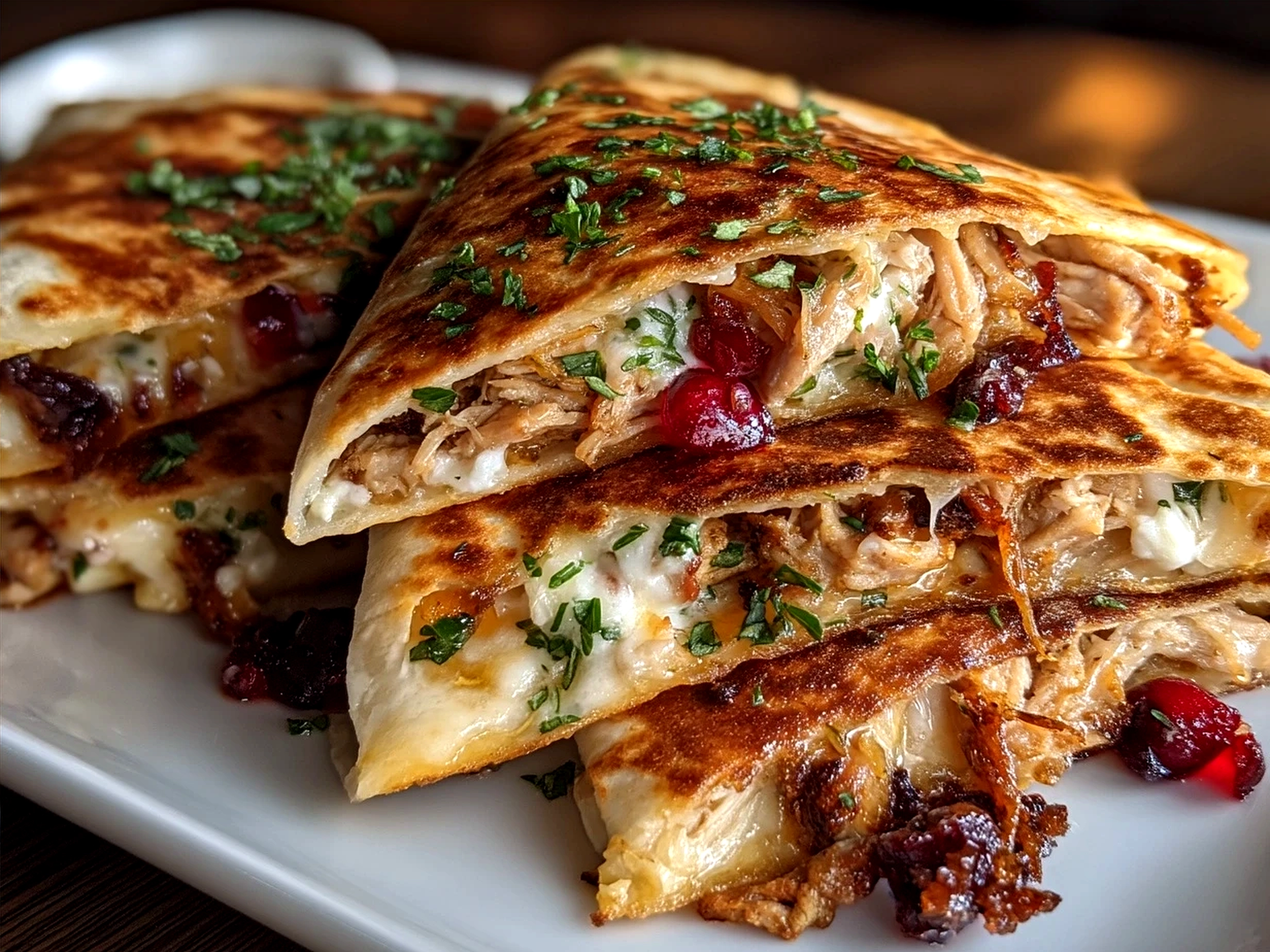 Served Turkey Cranberry Quesadillas on a plate with salad