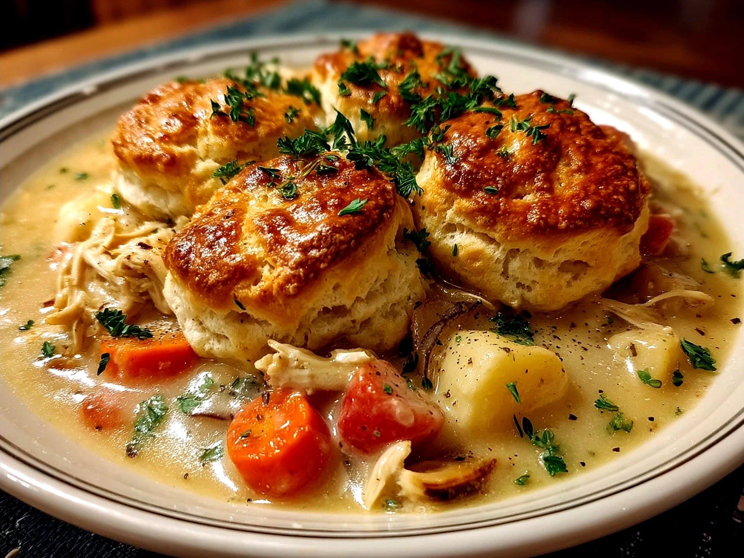 Serving Turkey Pot Pie with crispy biscuit topping and fresh herbs