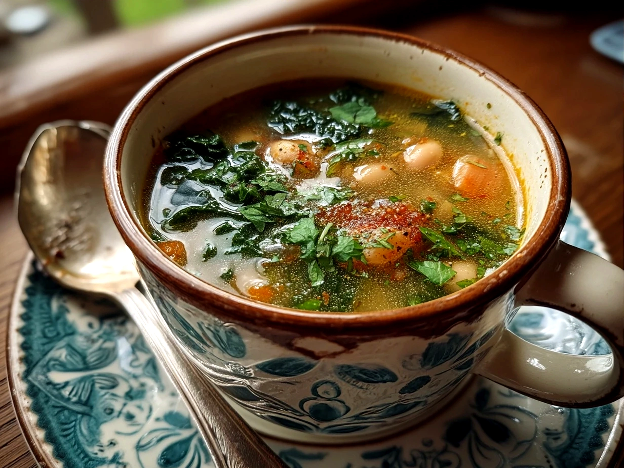 Bowl of freshly served White Bean Kale Soup with crusty bread on the side