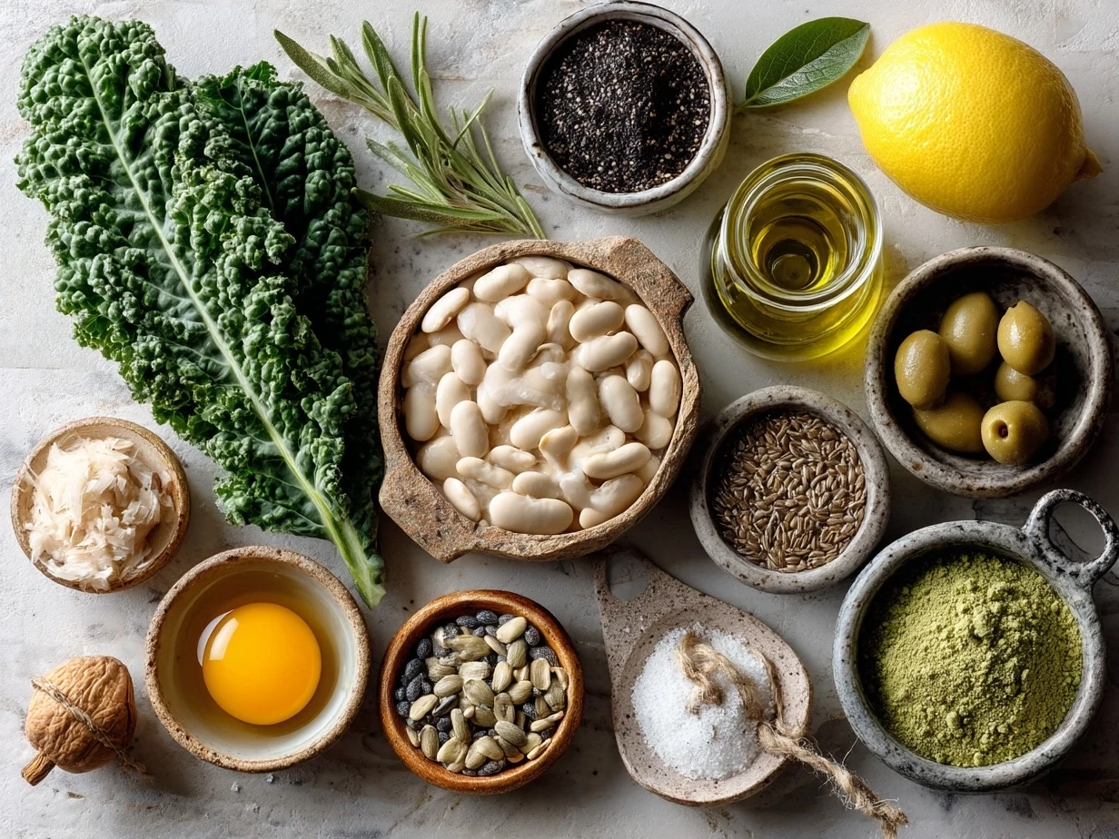 Ingredients for White Bean Kale Soup including olive oil, onion, garlic, carrot, vegetable broth, cannellini beans, kale, thyme, rosemary, lemon