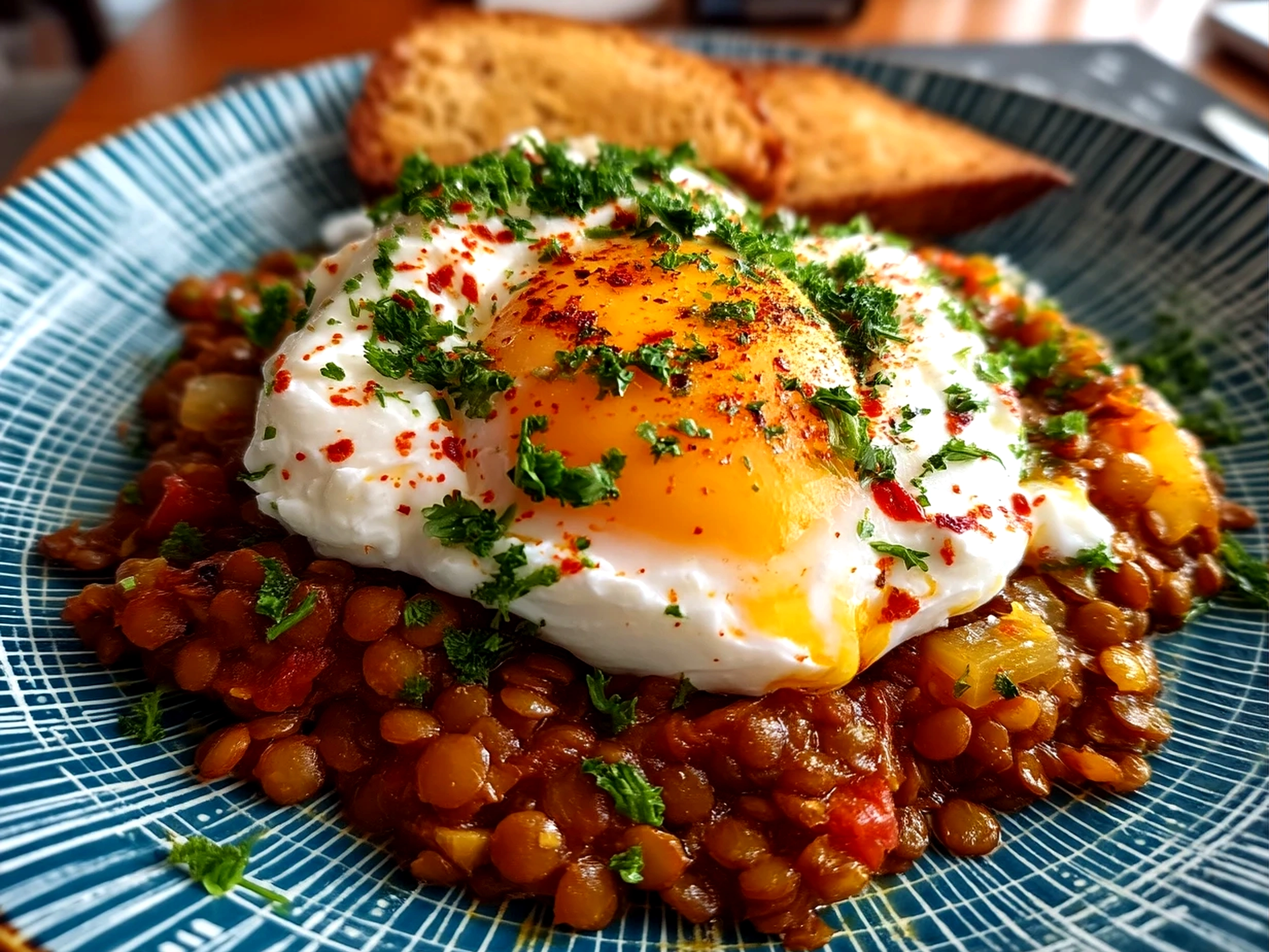 Close up of Eggcentric lentils with poached egg and yogurt served in a bowl garnished with fresh herbs