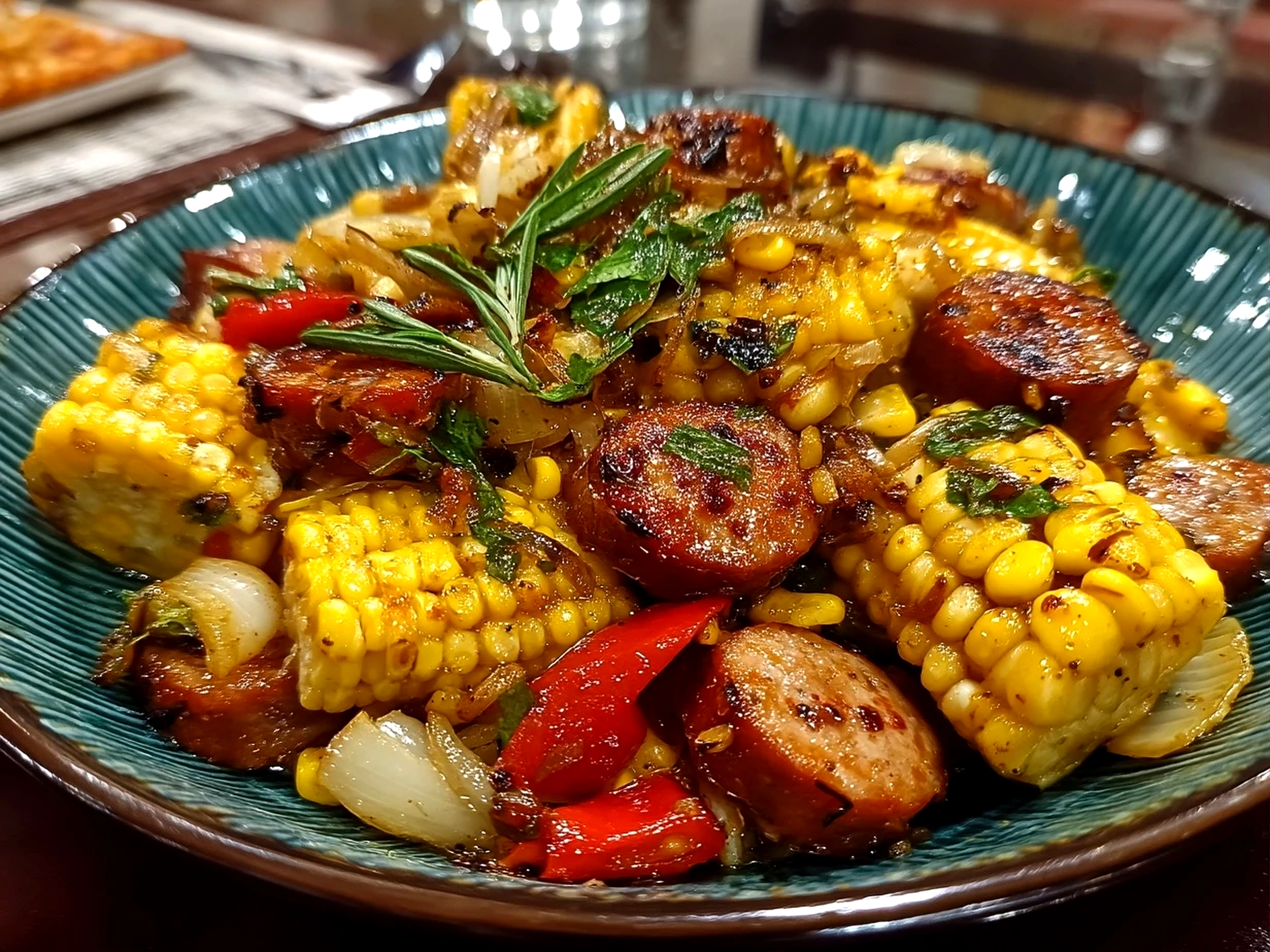 Close-up of finished Maque Choux With Sausage Corn served warm on a plate, ready to enjoy