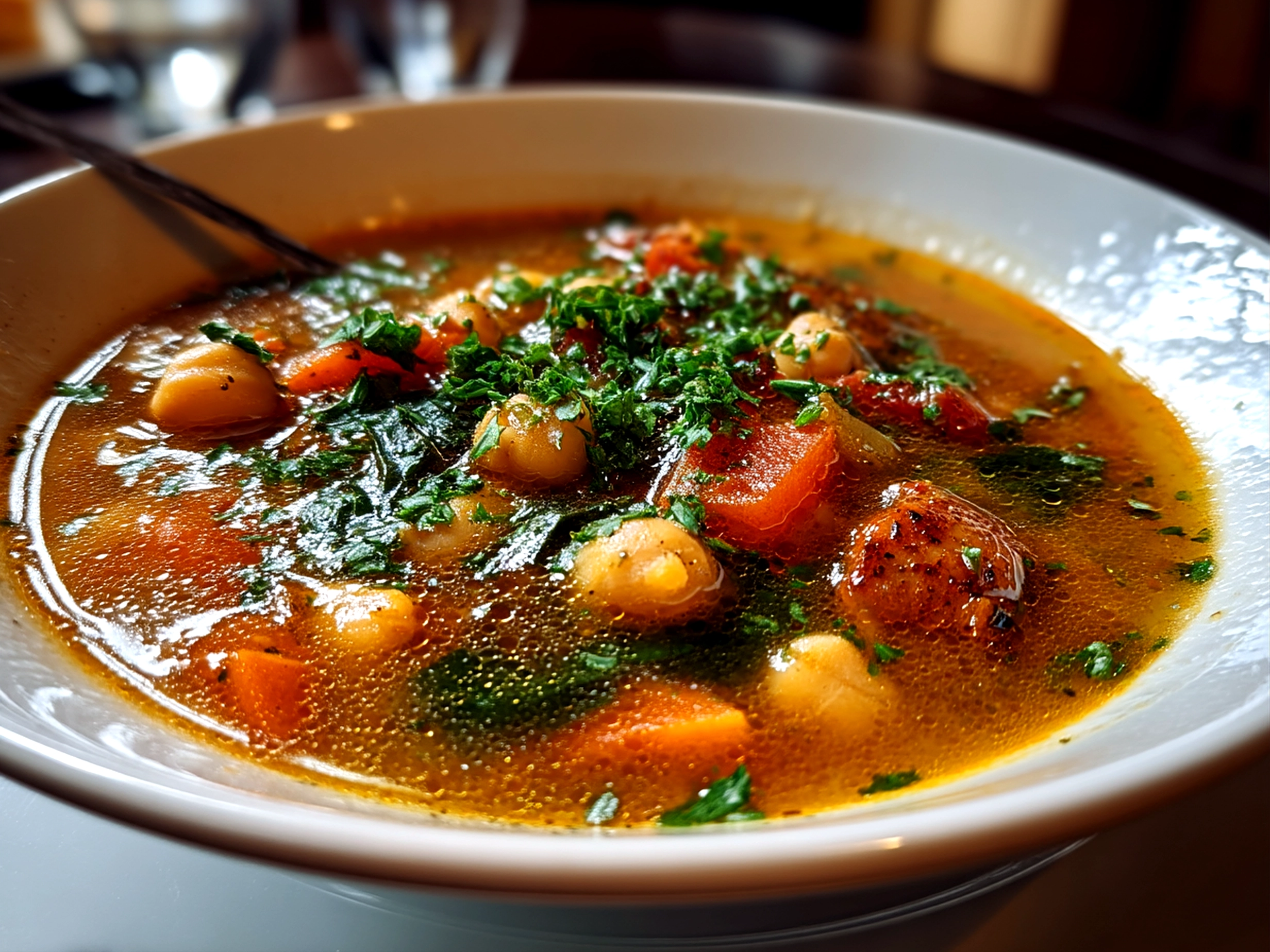 Close up of finished comforting Tuscan Chickpea Soup in bowl, warm and appetizing