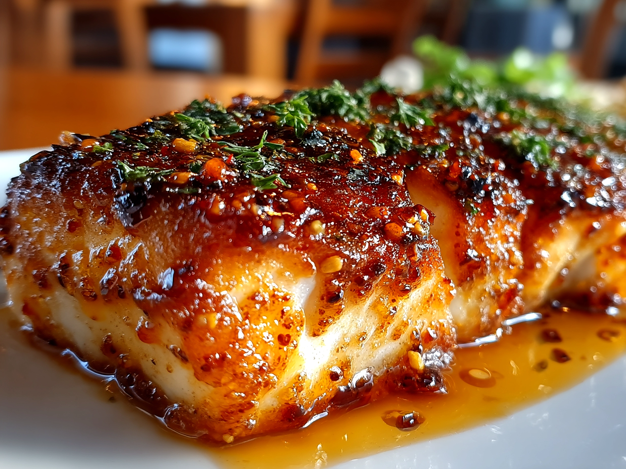 Serving suggestion of Baked Honey Marinade Cod with steamed rice and green vegetables