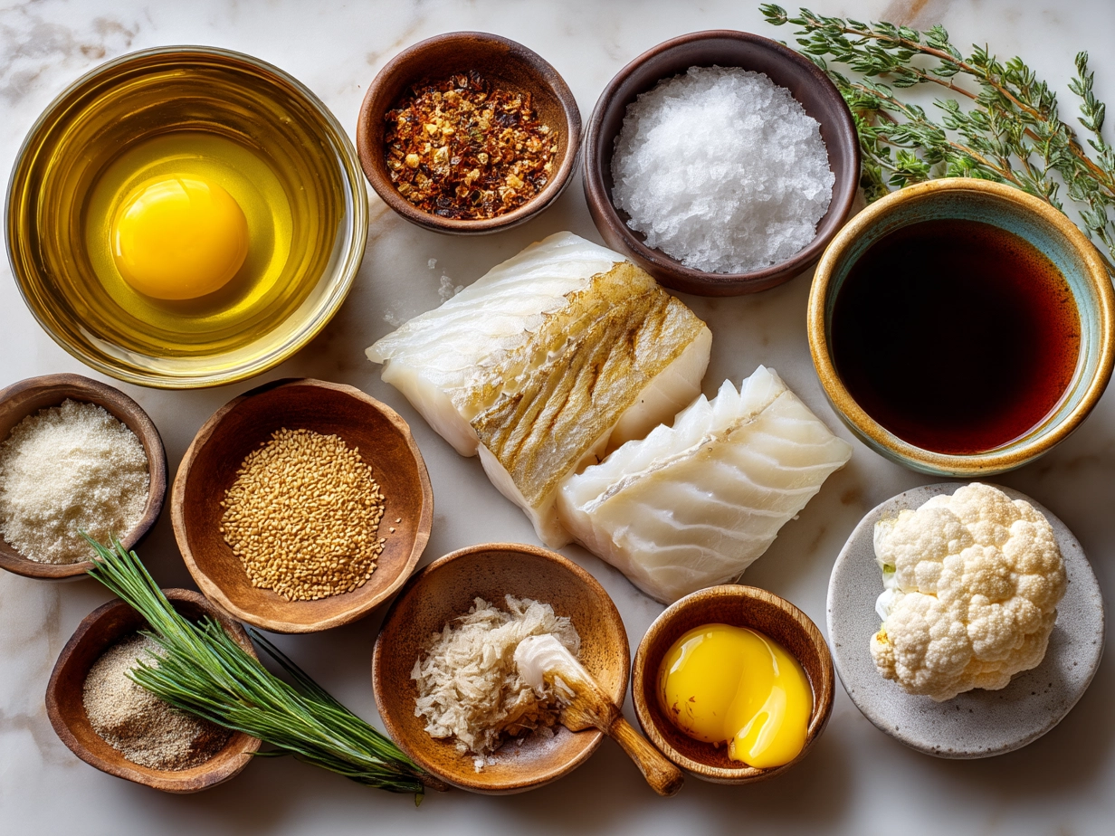 Ingredients for Baked Honey Marinade Cod laid out including cod fillets, honey, soy sauce, garlic, ginger, and olive oil