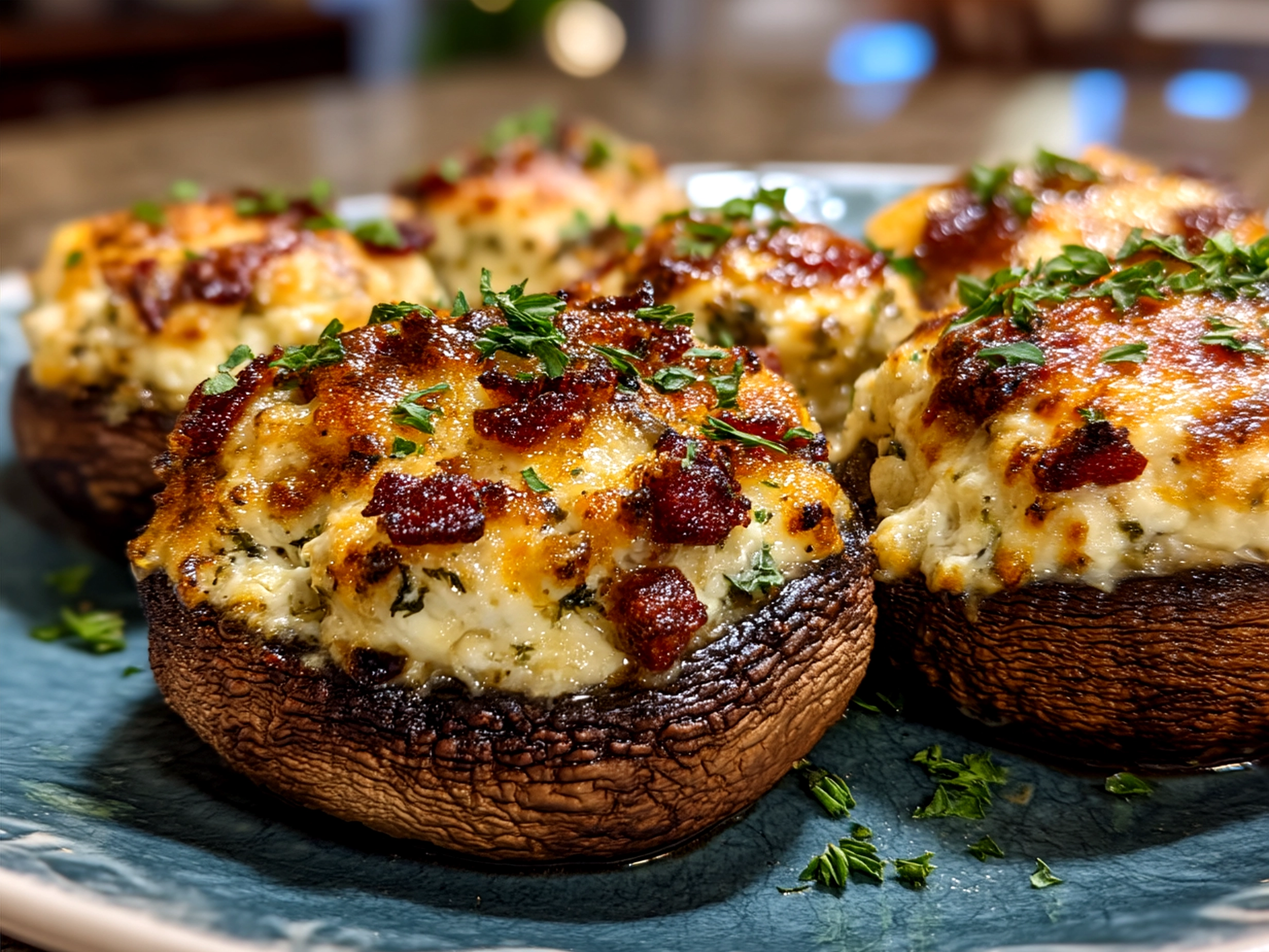 Baked Stuffed Portobello Mushrooms ready to serve, garnished with fresh herbs