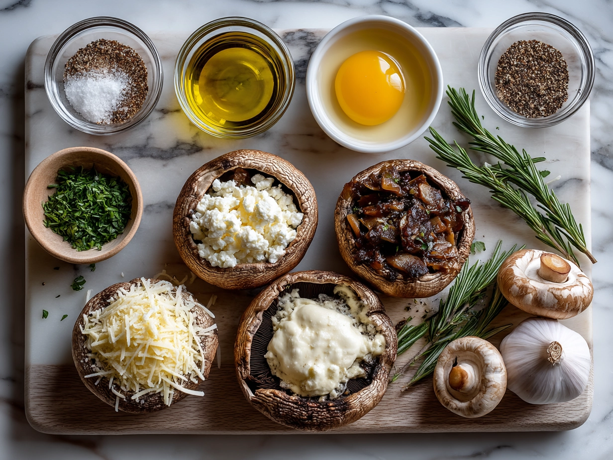 Ingredients for Baked Stuffed Portobello Mushrooms including mushrooms, spinach, cheese, and spices