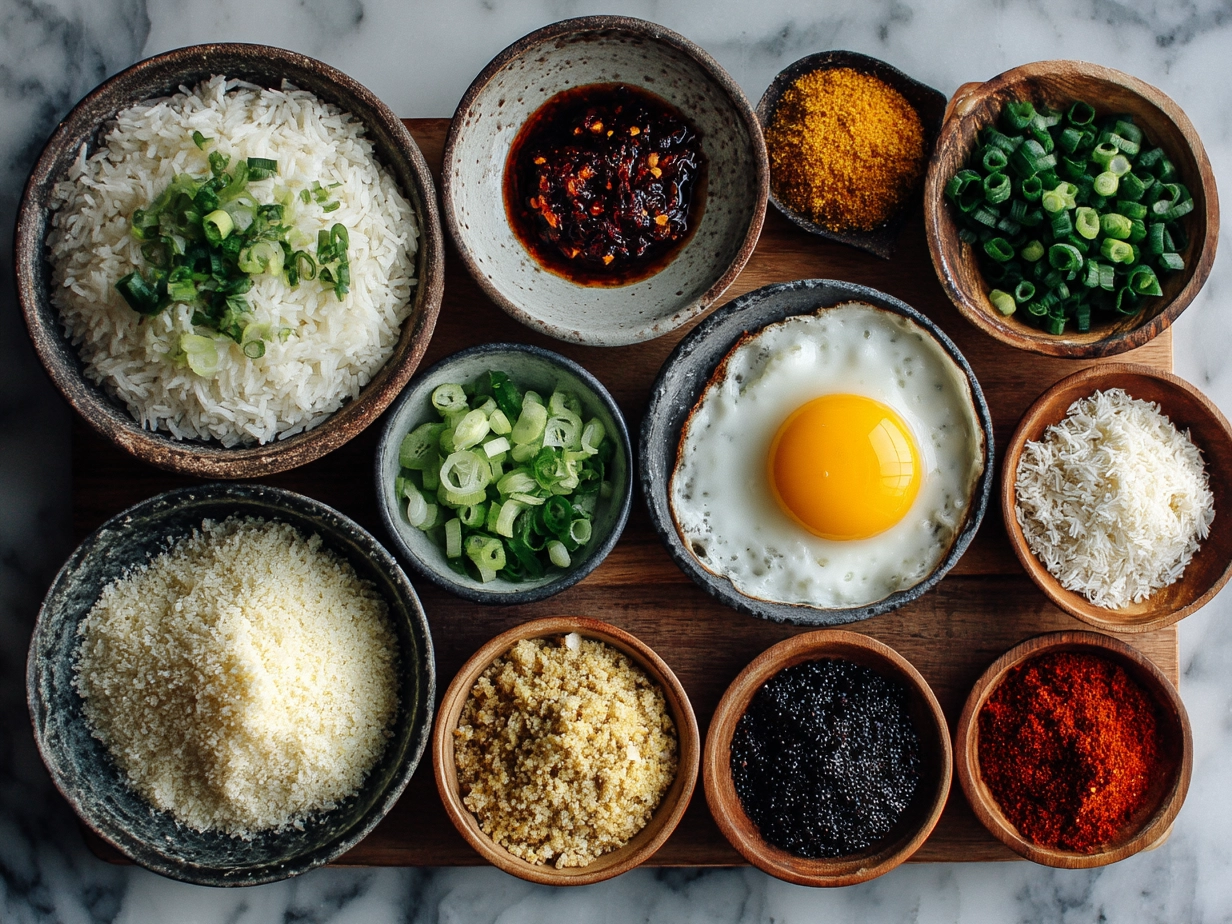 Ingredients for Bang Bang Fried Rice laid out on a kitchen counter