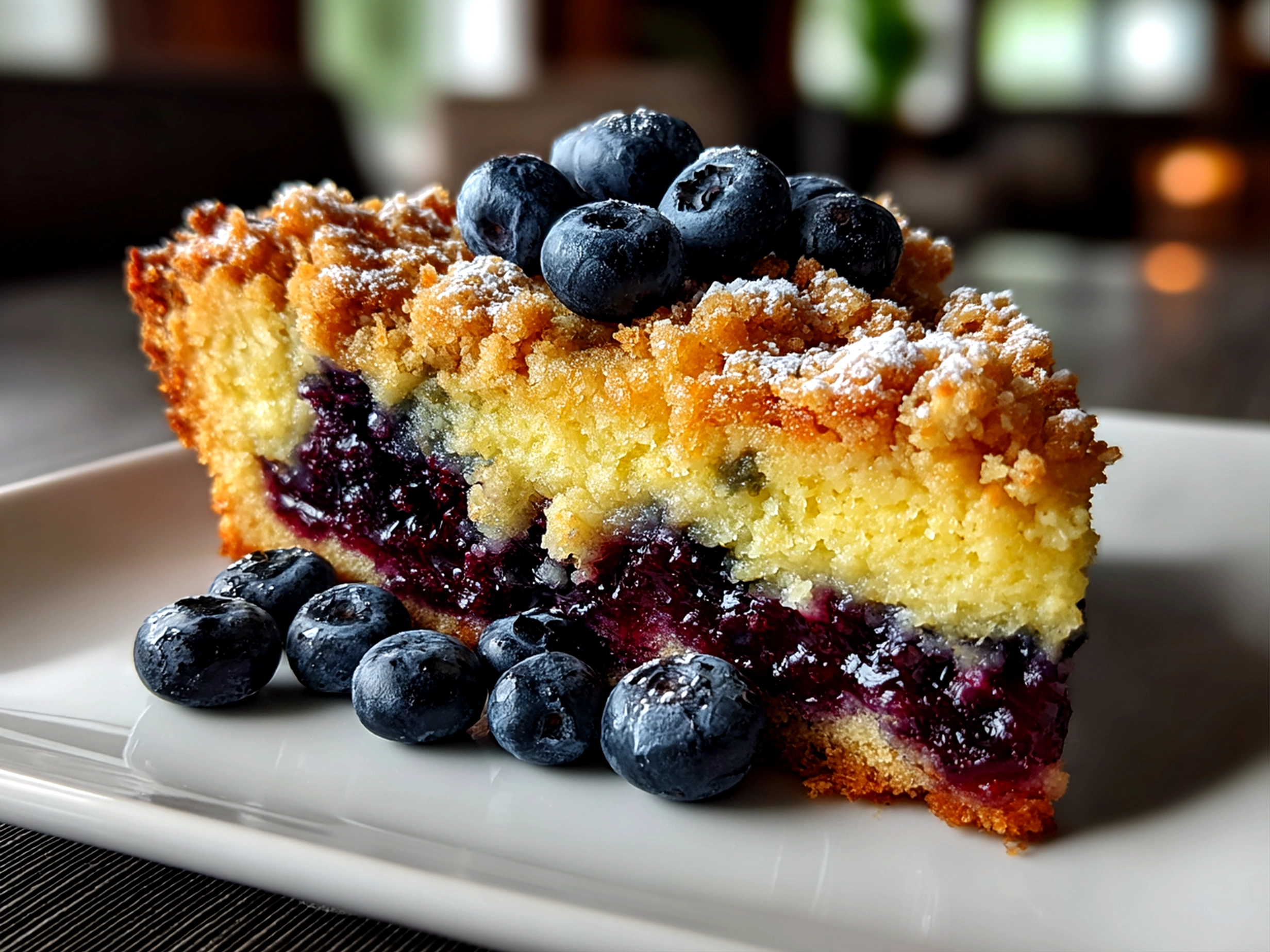 Beautiful Blueberry Crumb Cake on White Plate