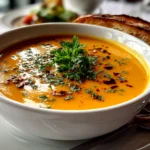 Beautiful freshly prepared Butternut Squash Soup in white bowl