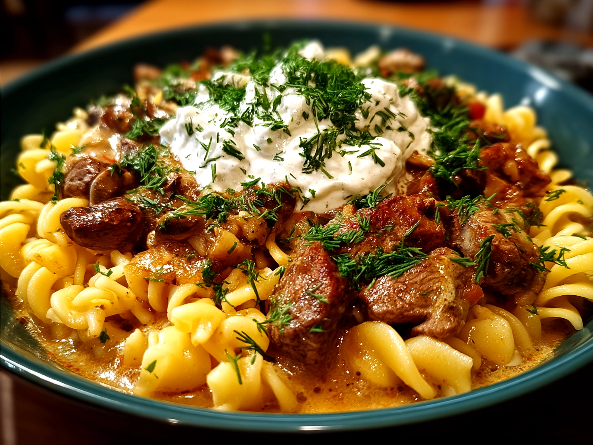 Creamy Beef Stroganoff With Sour Cream served with buttered egg noodles and garnished with fresh parsley