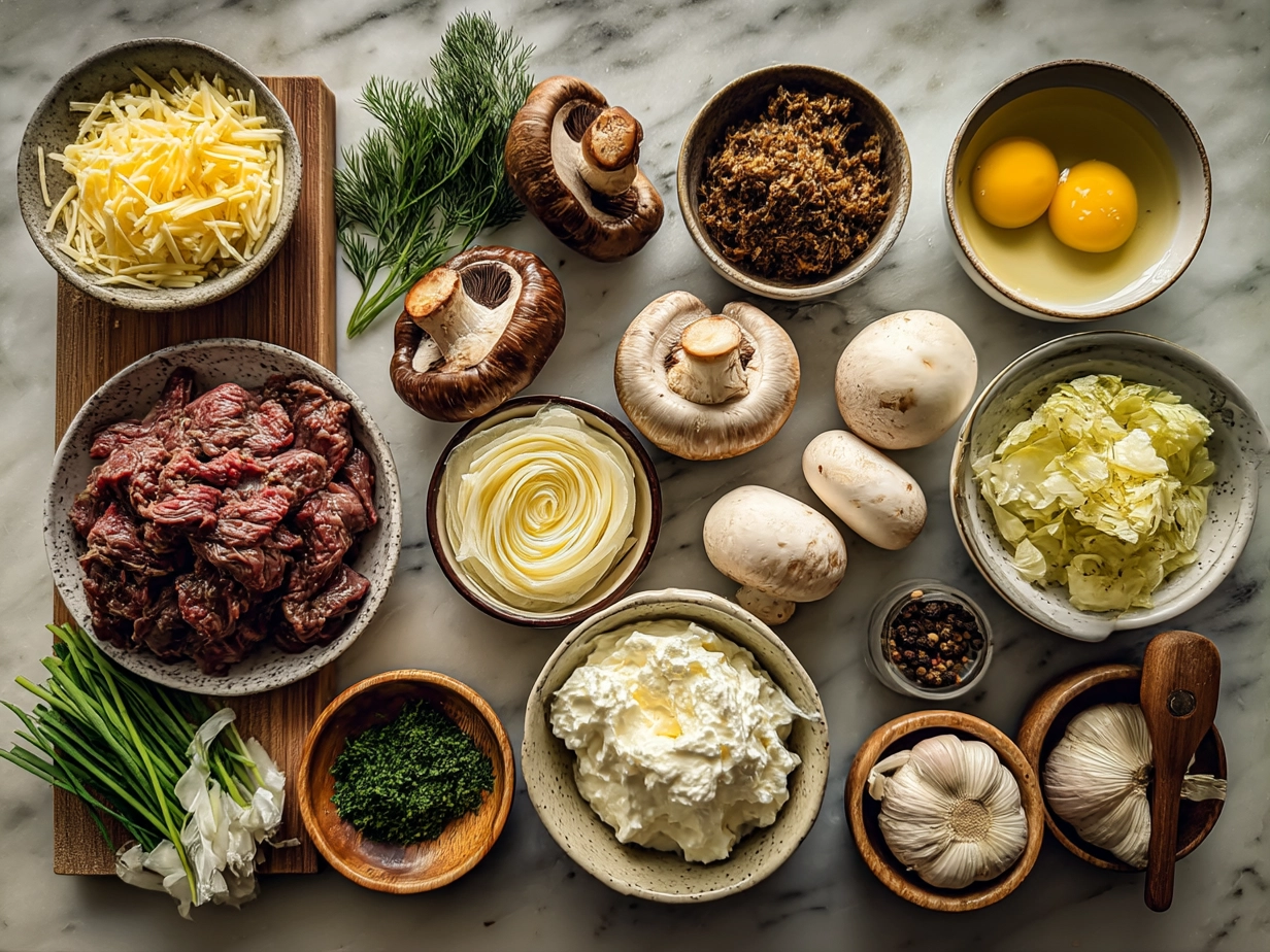 Ingredients for Beef Stroganoff With Sour Cream including beef, mushrooms, onions, and sour cream