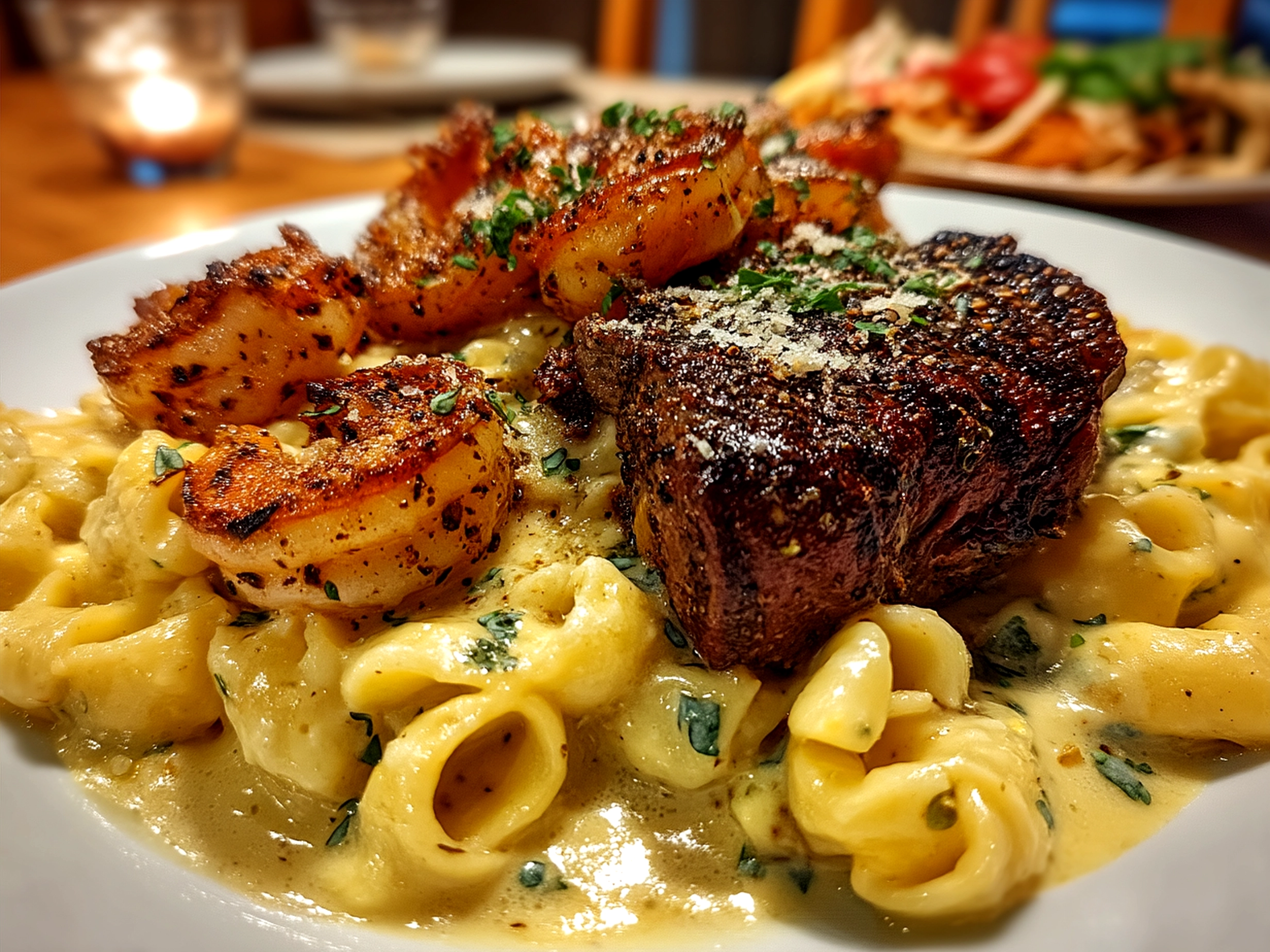 Plate of Blackened Steak Shrimp Alfredo garnished with parsley served with vegetables
