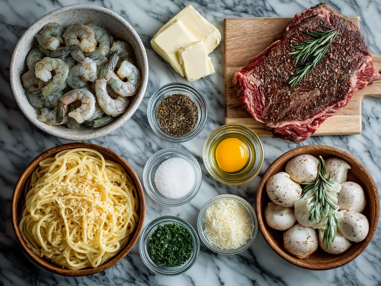 Ingredients for Blackened Steak Shrimp Alfredo laid out on a wooden table