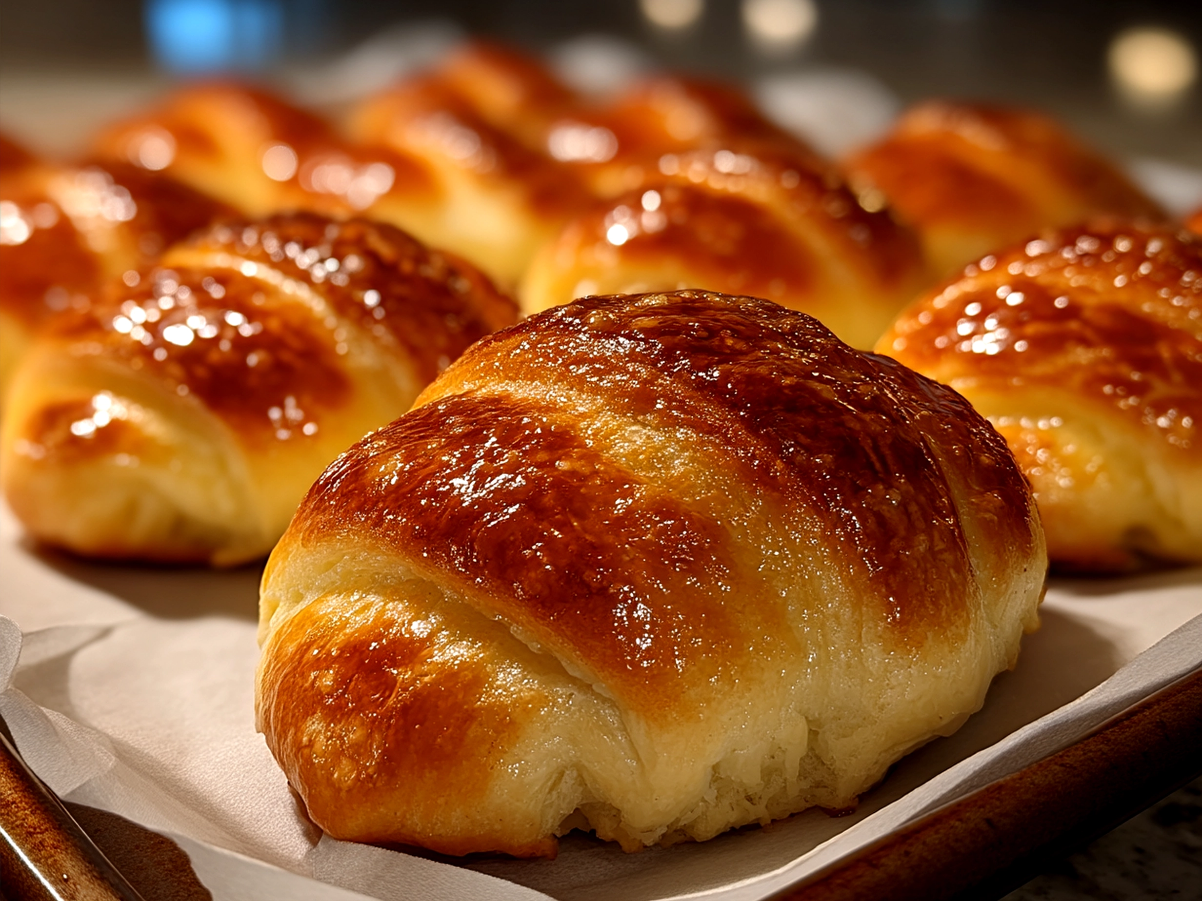 Freshly baked Breakfast Pillsbury Crescent Rolls served warm on a rustic wooden board