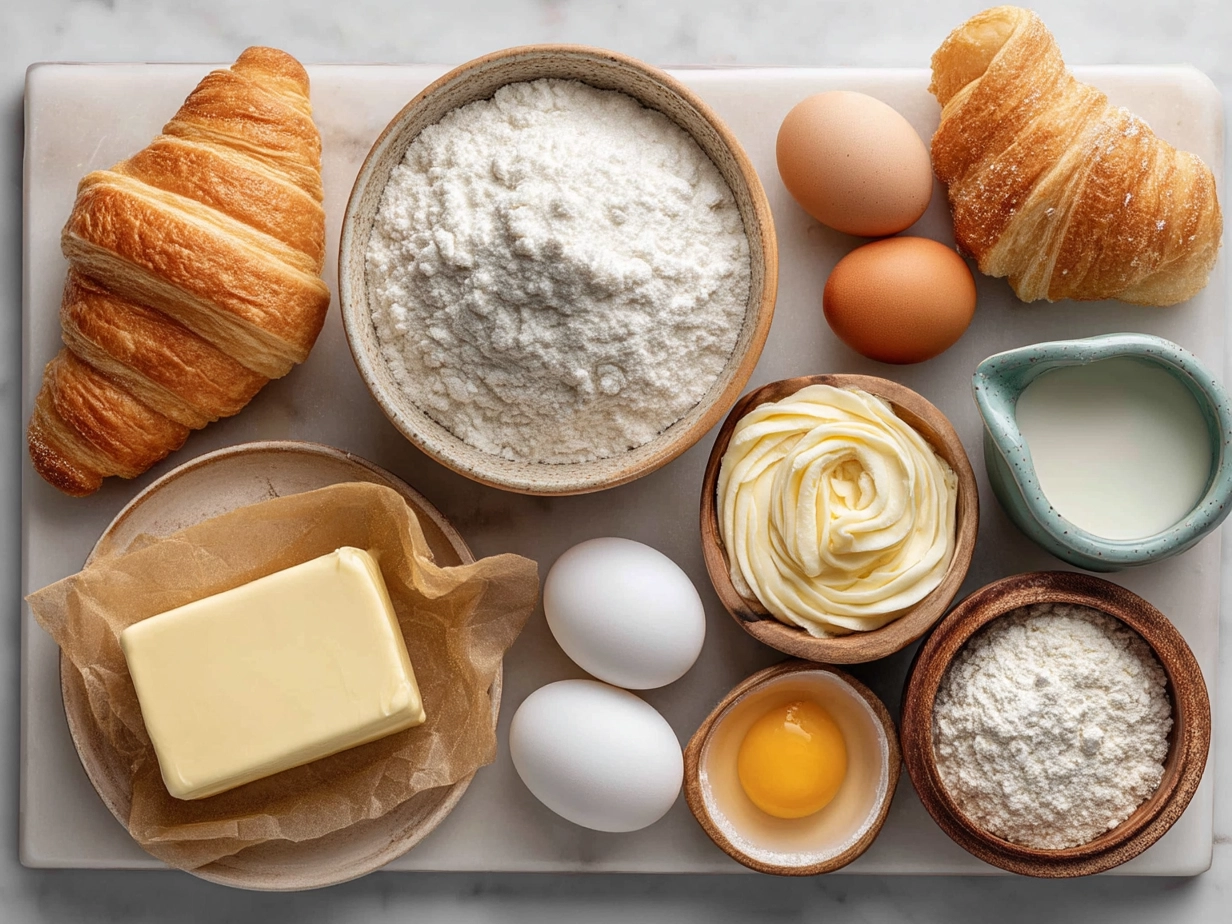 Ingredients for Breakfast Pillsbury Crescent Rolls including Pillsbury crescent dough, eggs, cheddar cheese, bacon, butter, and herbs