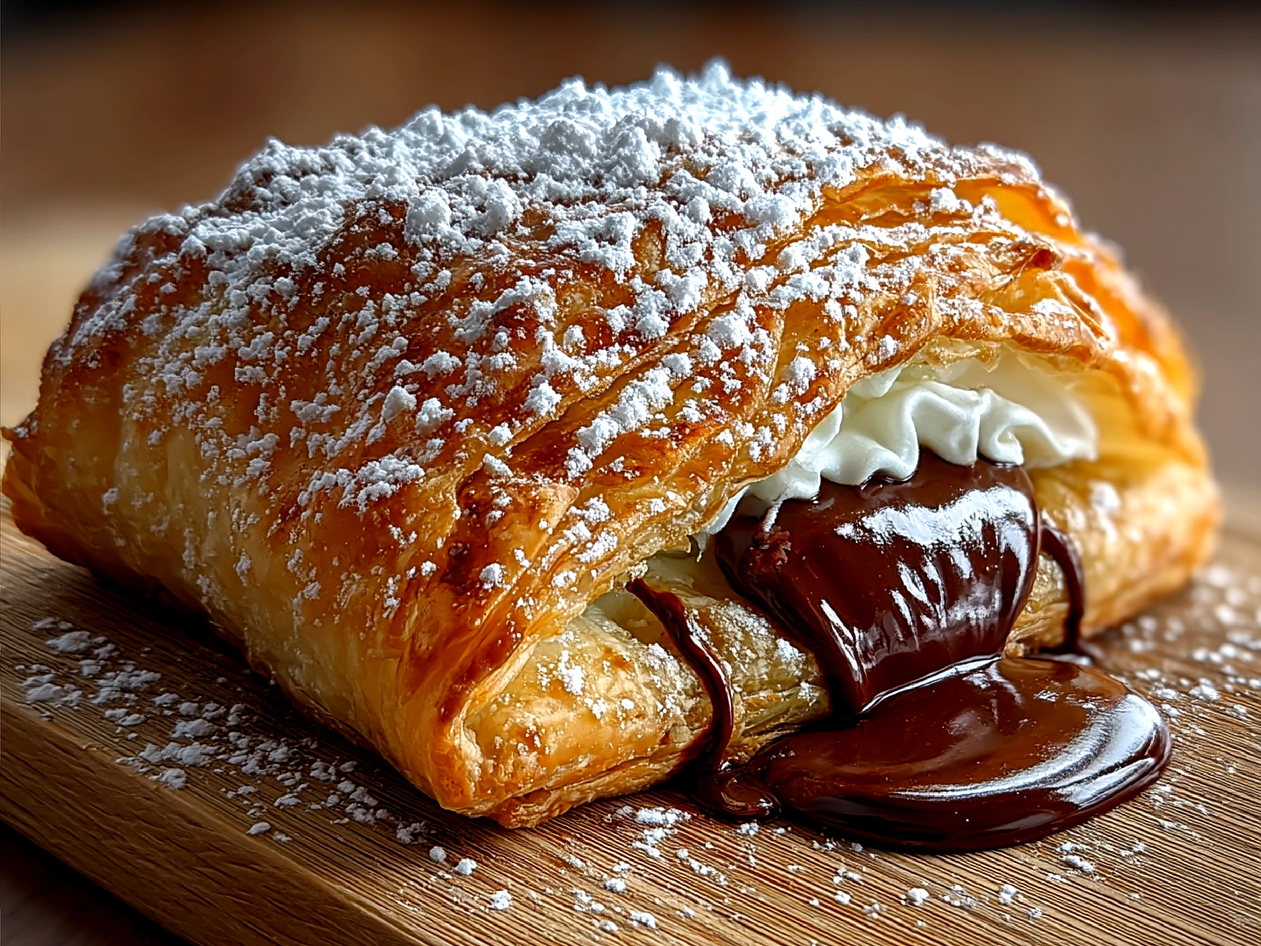 Warm chocolate puff pastries served on a rustic plate with a dusting of powdered sugar