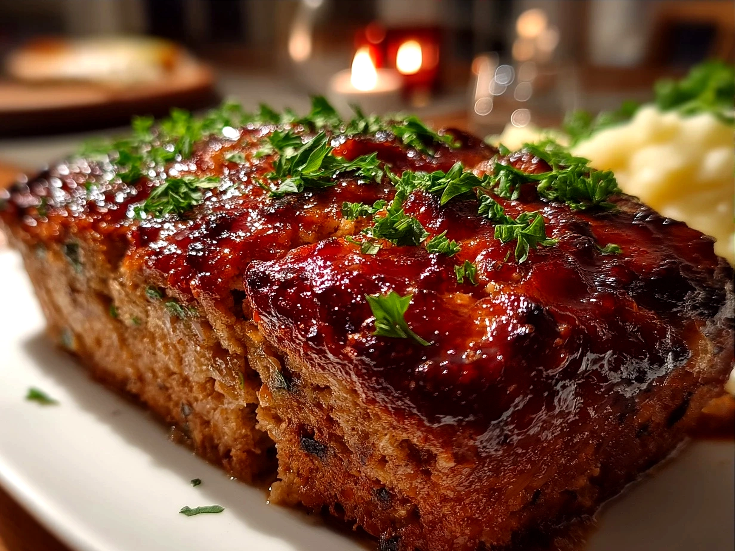 A thick slice of Classic Meatloaf served with mashed potatoes and green beans