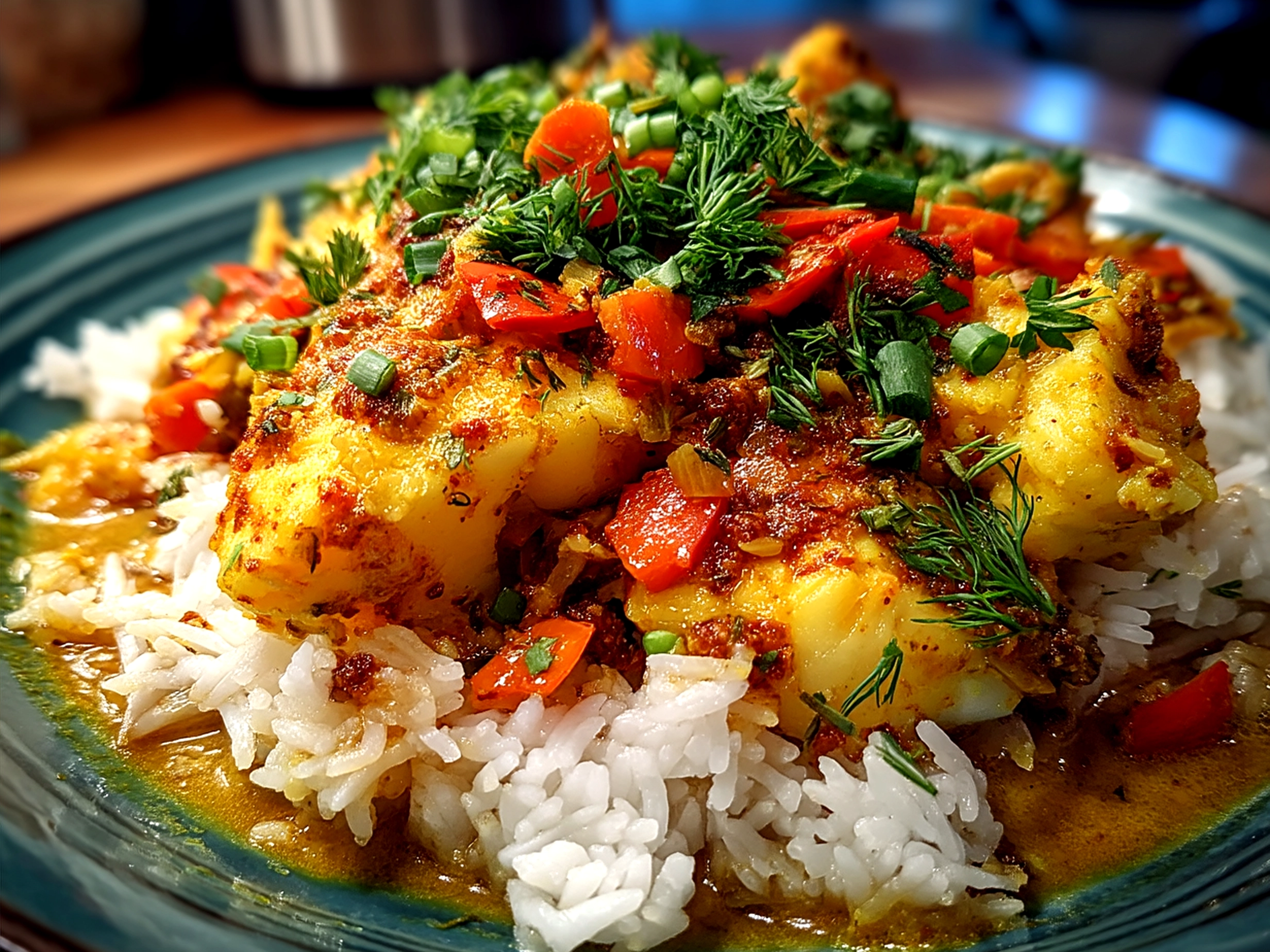Plated Coconut Curry Baked Cod with cilantro garnish, served alongside steamed rice and vegetables