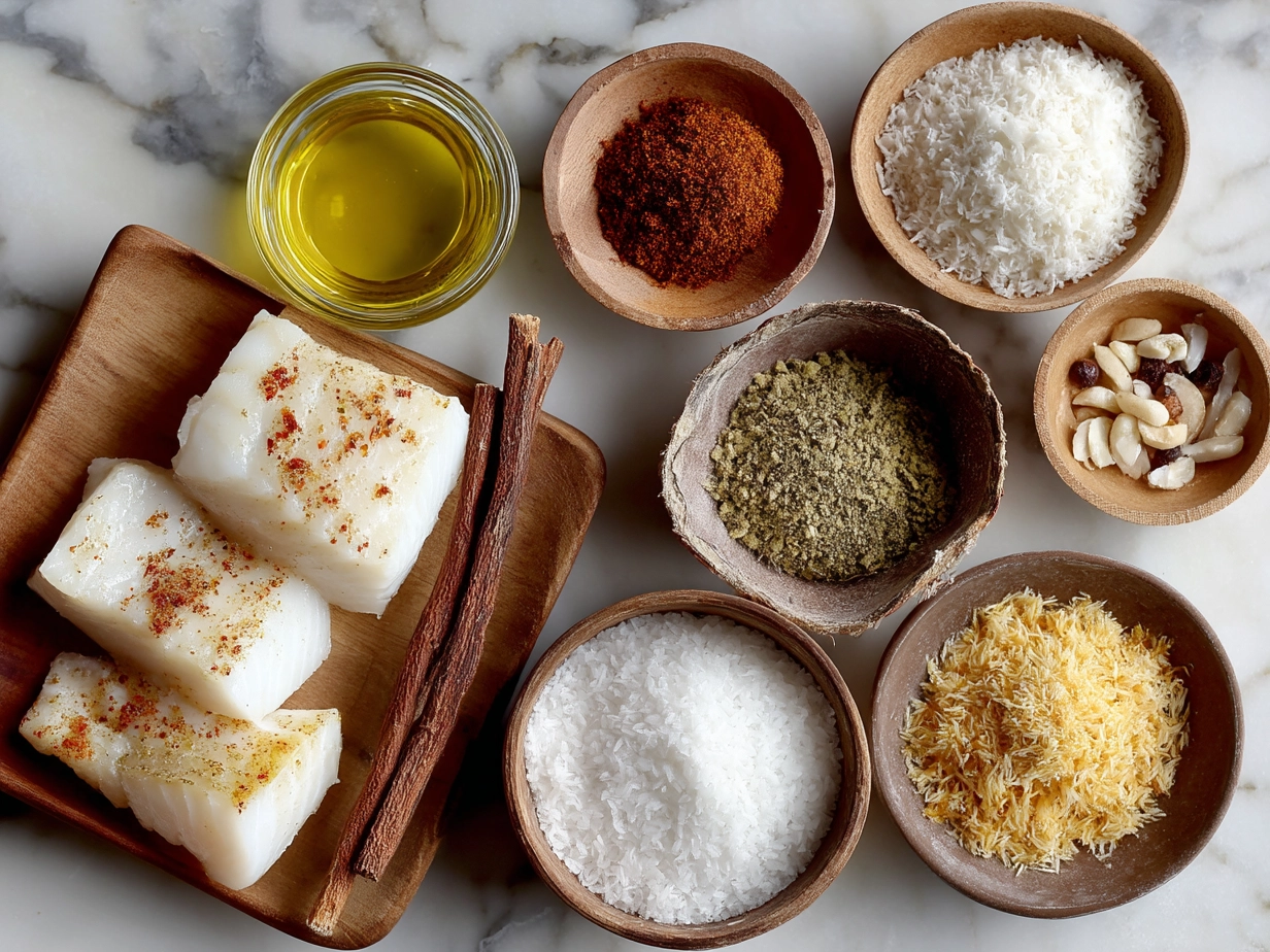 Ingredients for Coconut Curry Baked Cod laid out on a wooden table with spices, fresh herbs, and coconuts