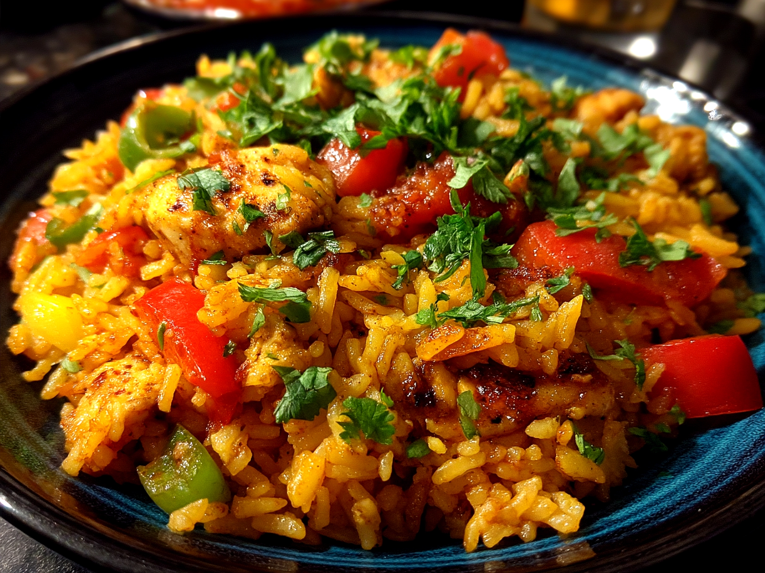 Plated colorful Chicken Fajita Rice with fresh cilantro garnish and side salad