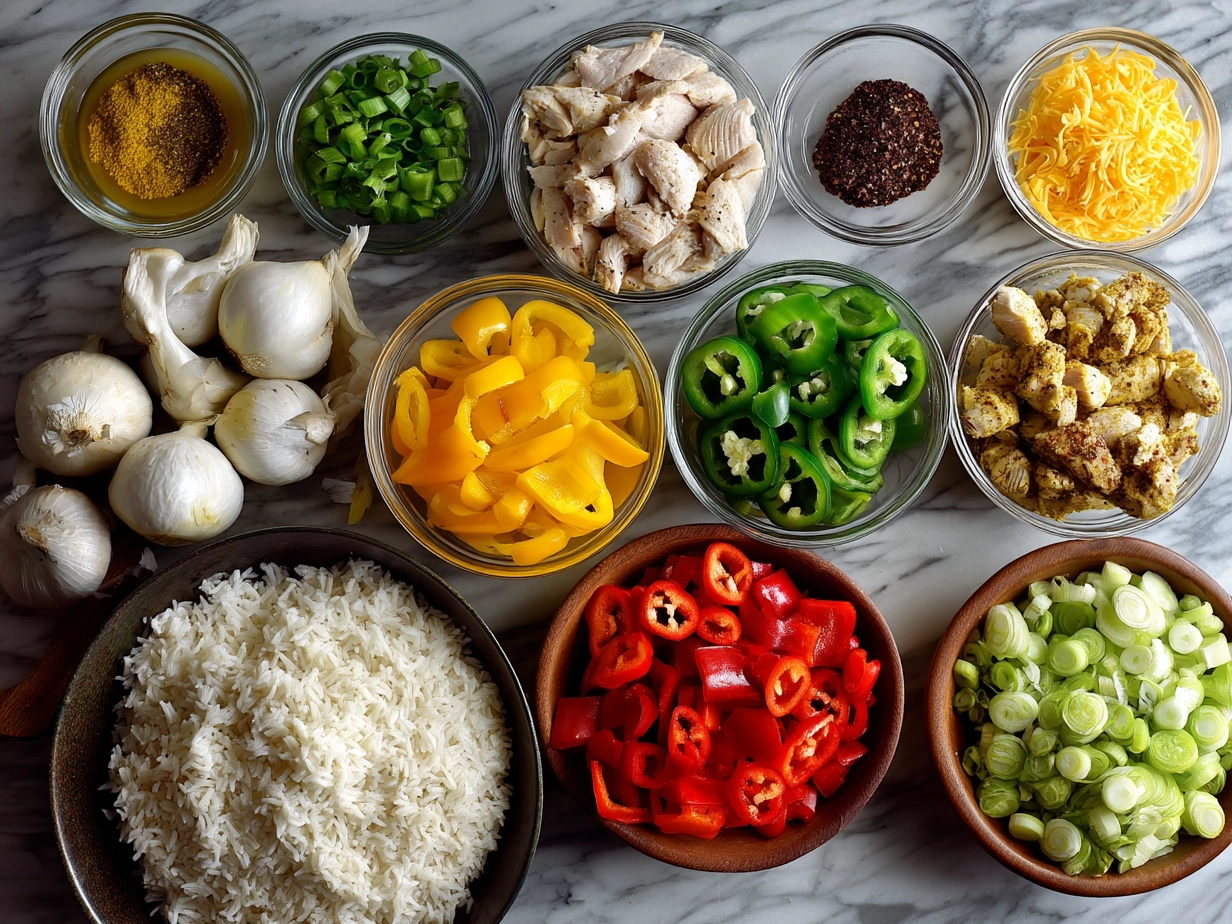 Ingredients for colorful Chicken Fajita Rice showing sliced peppers, chicken, spices, rice, and broth