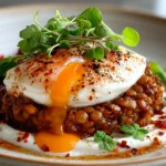 Comforting homemade Eggcentric lentils with poached egg and yogurt plated