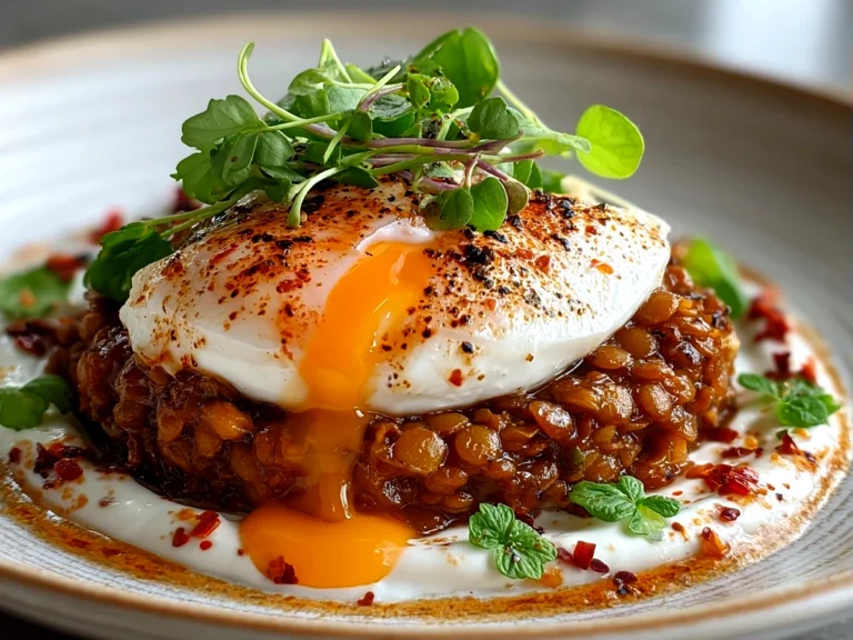Comforting homemade Eggcentric lentils with poached egg and yogurt plated