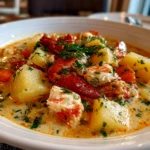 Comforting homemade Nova Scotia Seafood Chowder close-up