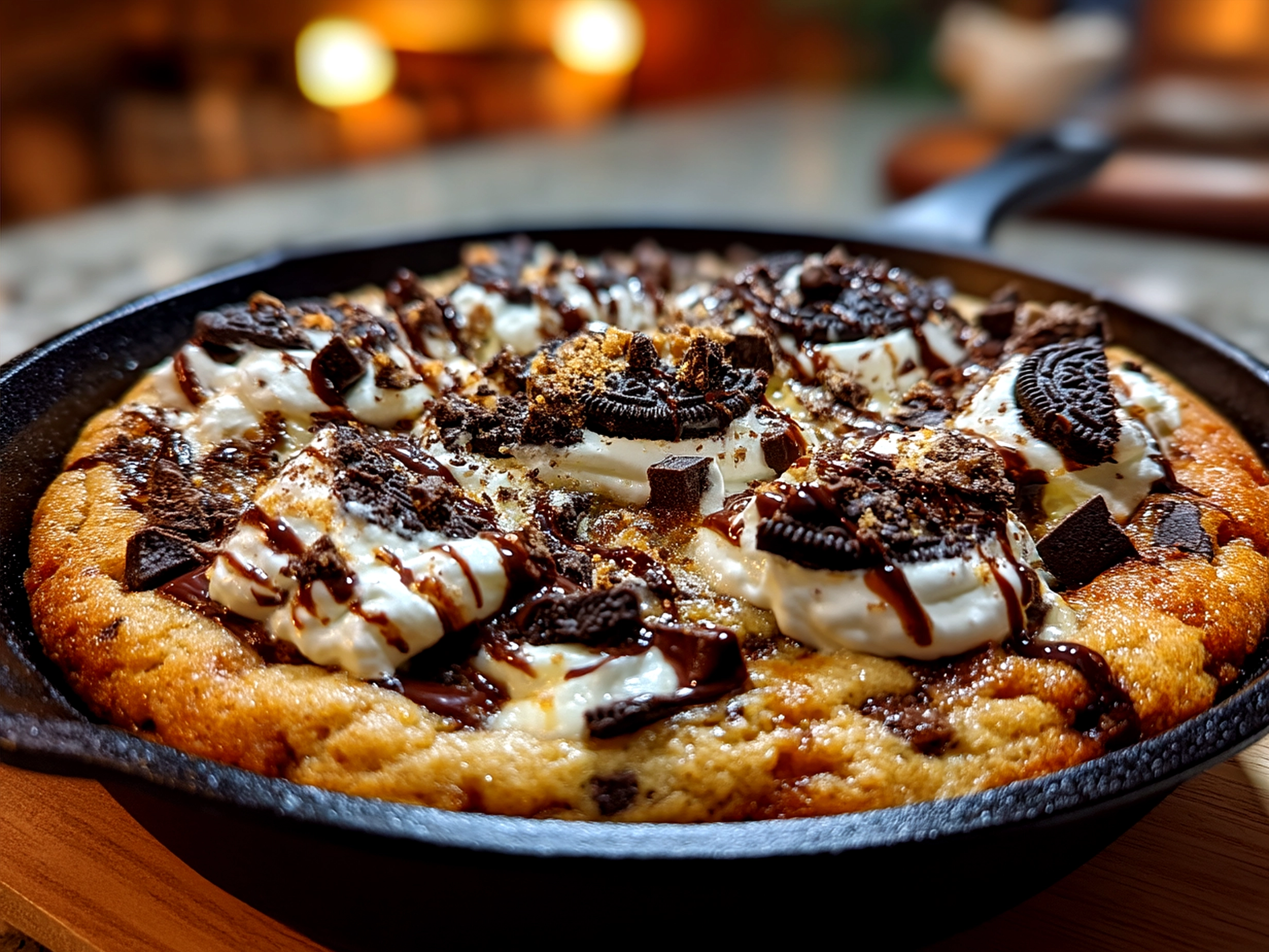 Warm Cookies Cream Skillet Cookie served with vanilla ice cream