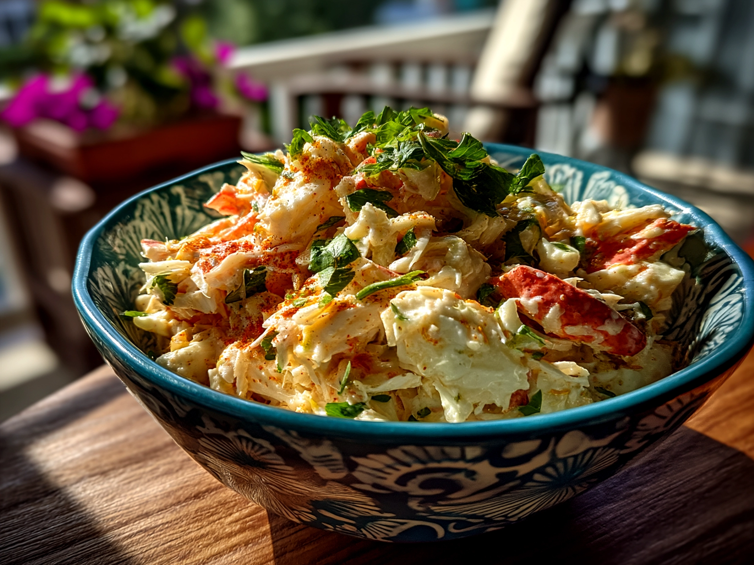 Serving Crab Salad over fresh greens and pita on a rustic plate