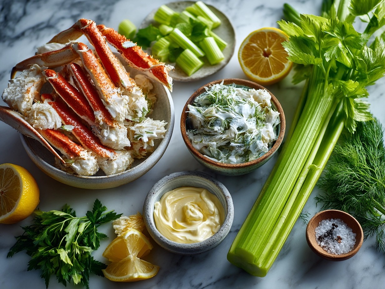 Ingredients for Crab Salad including imitation crab meat, mayonnaise, lemon, celery, and green onions