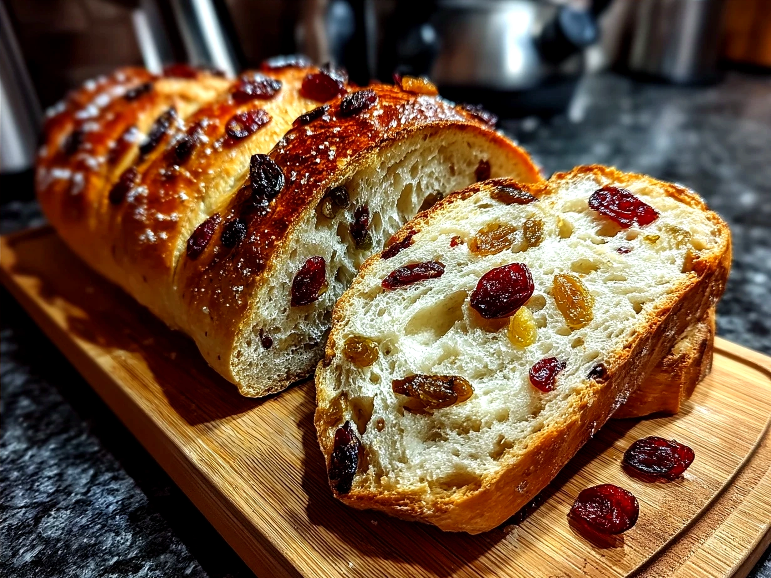 Freshly baked Cranberry Raisin Walnut Cinnamon Artisan Bread sliced and ready to serve