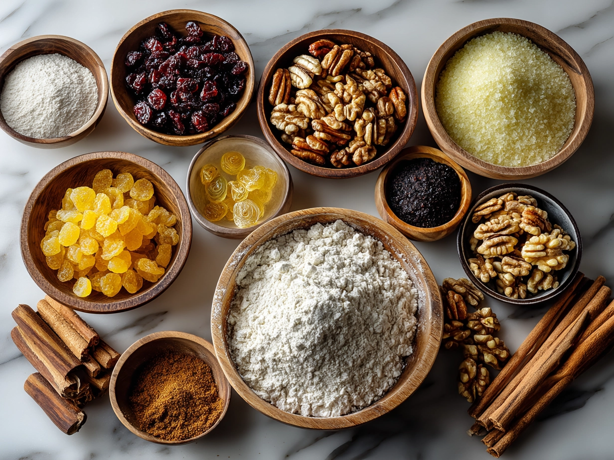 Ingredients for Cranberry Raisin Walnut Cinnamon Artisan Bread including flour, cranberries, raisins, walnuts and spices