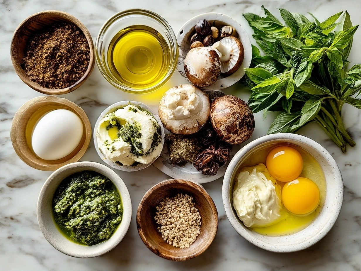 Ingredients for making Creamy Pesto Aioli laid out on a kitchen counter