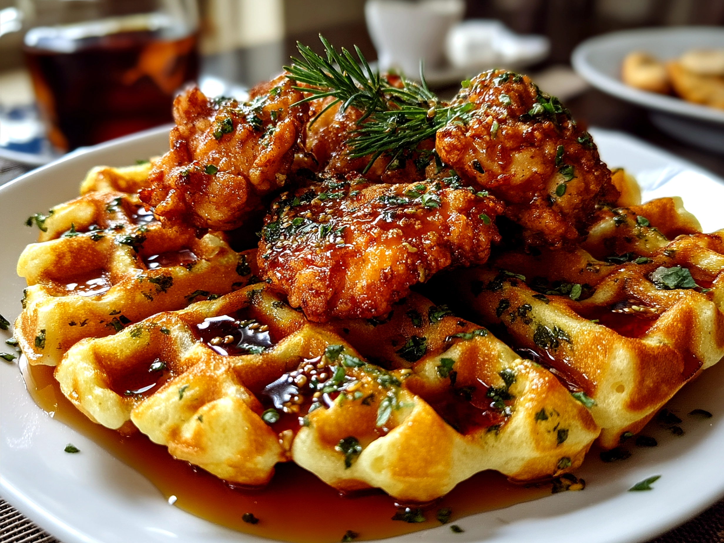 Served Crispy Chicken Waffle on a colorful plate with syrup and sides