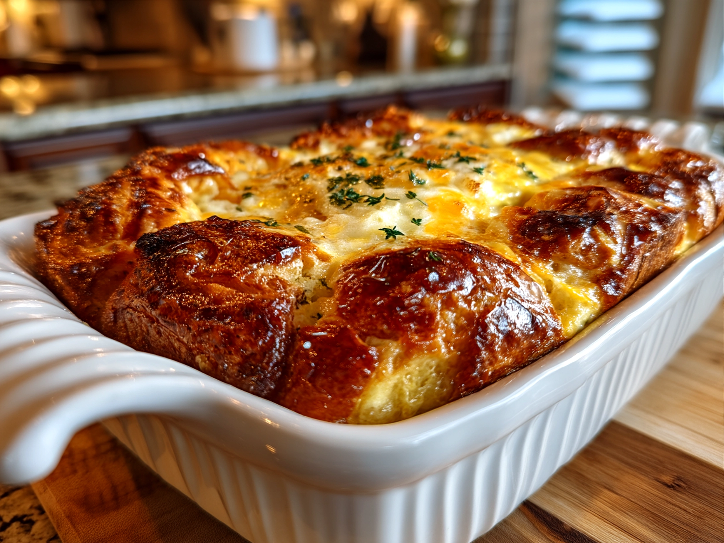 Freshly baked Croissant Breakfast Casserole served in a baking dish