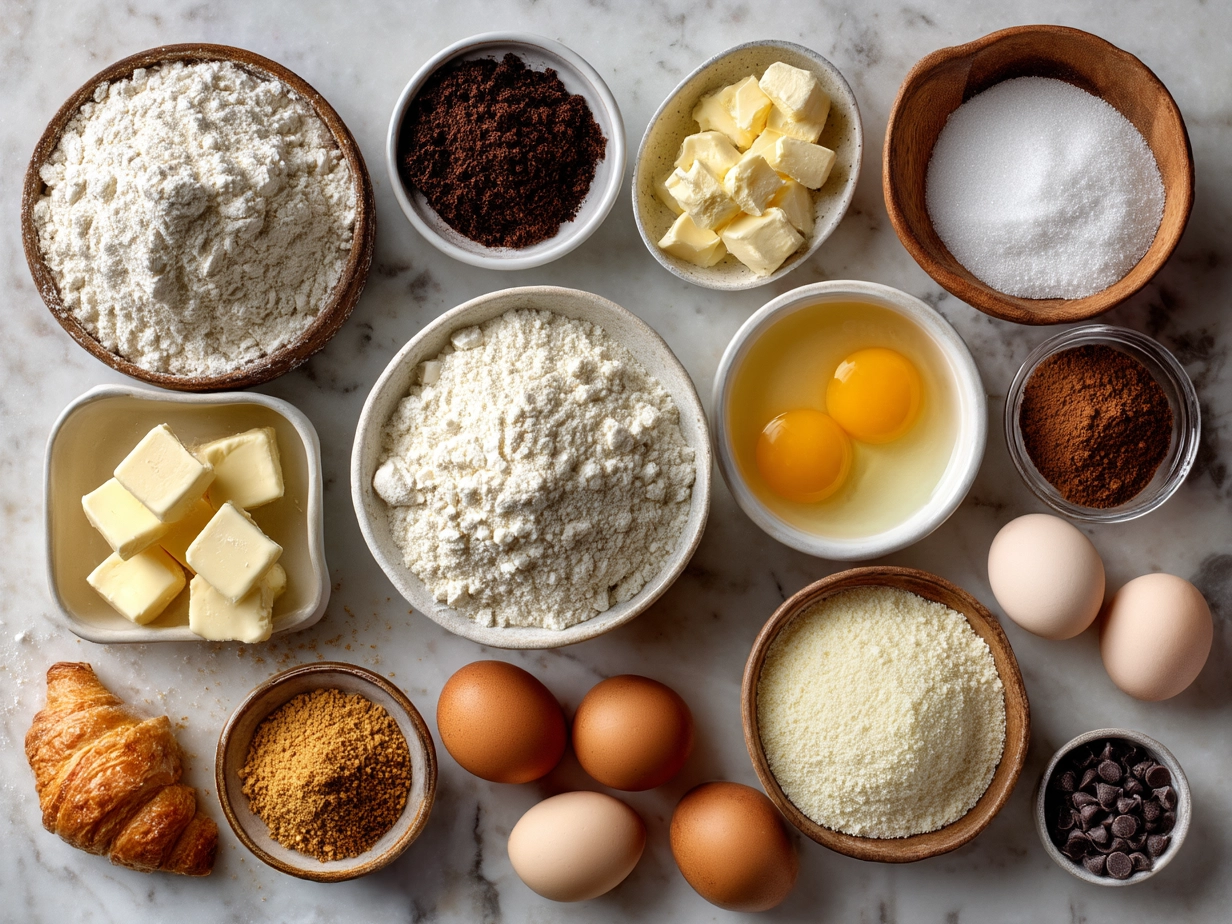 Ingredients for Croissant Breakfast Casserole laid out on a table