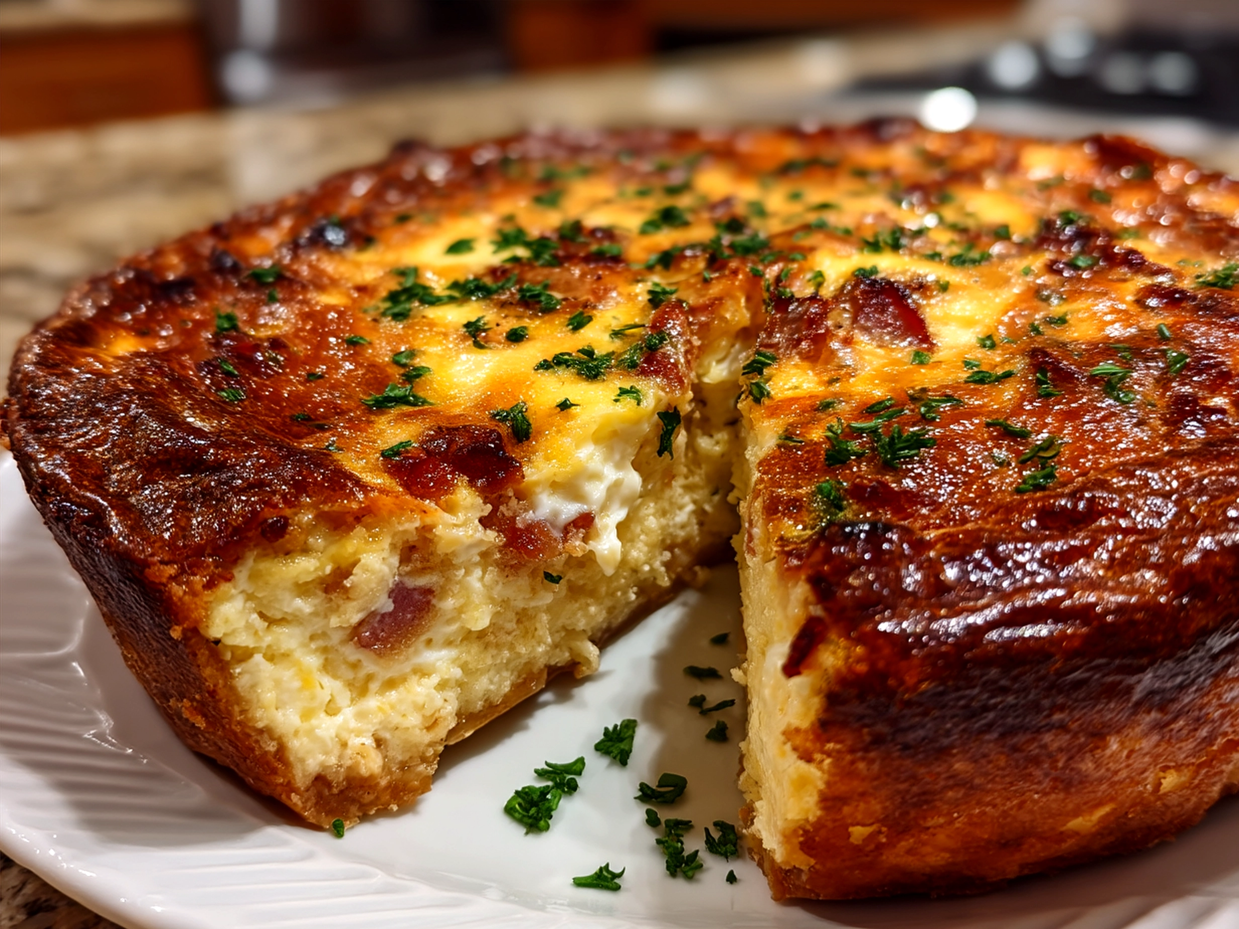 Freshly baked crustless bacon cheese quiche served with herbs